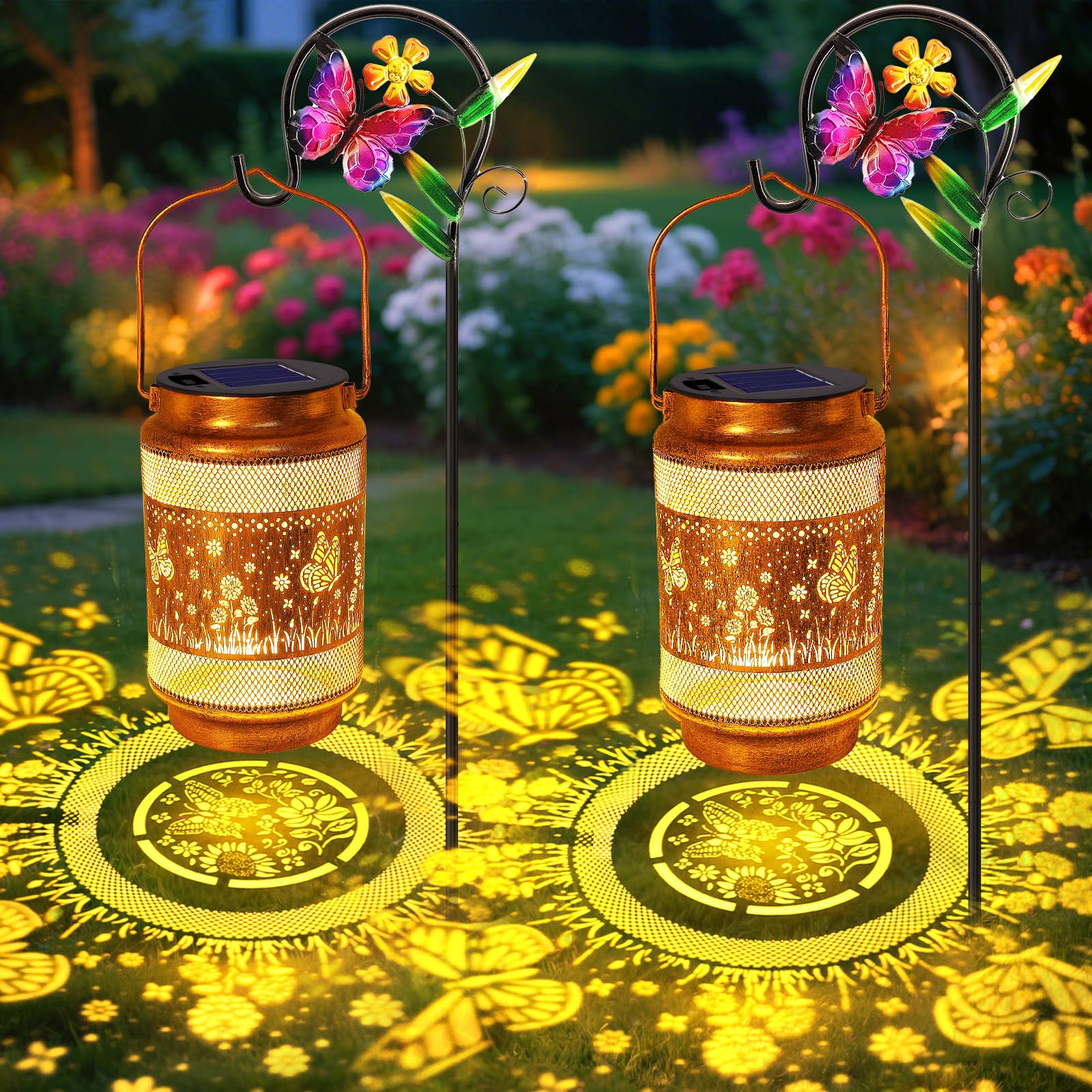 2 Pack Butterfly Solar Lanterns Outdoor Waterproof Solar Garden Decor  Birthday Gifts For Christmas Women Mom Grandma  Metal Hanging Lights With Shepherd Hook For Outside Yard Patio Pathway Porch