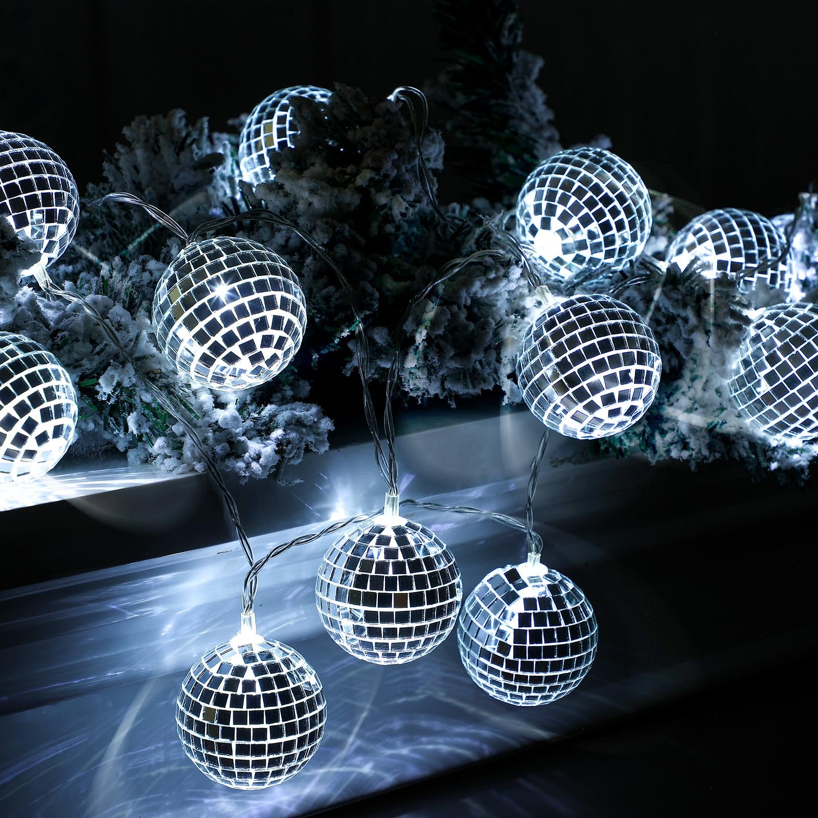 BBTO LED Disco Ball String Light Battery Powered, 9.84 ft Long, Silver White, 70s 80s Disco Party Supplies