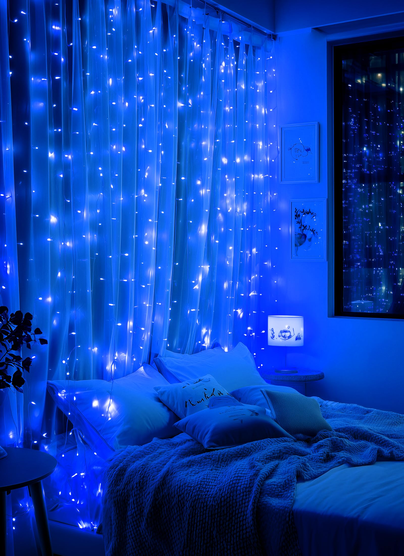 Brightown 300 LED Fairy Curtain Lights, 9.8ft x 9.8ft, Blue Copper Wire, USB Plug, 8 Lighting Modes, Remote for Indoor/Outdoor Use