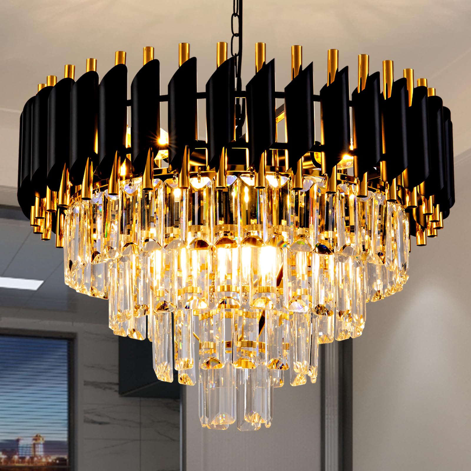 Aixialin Modern Chandelier - Gold and Black 4-Tier Crystal Round Hanging Pendant 7-Light Fixture for Dining, Bedroom, Living Roo