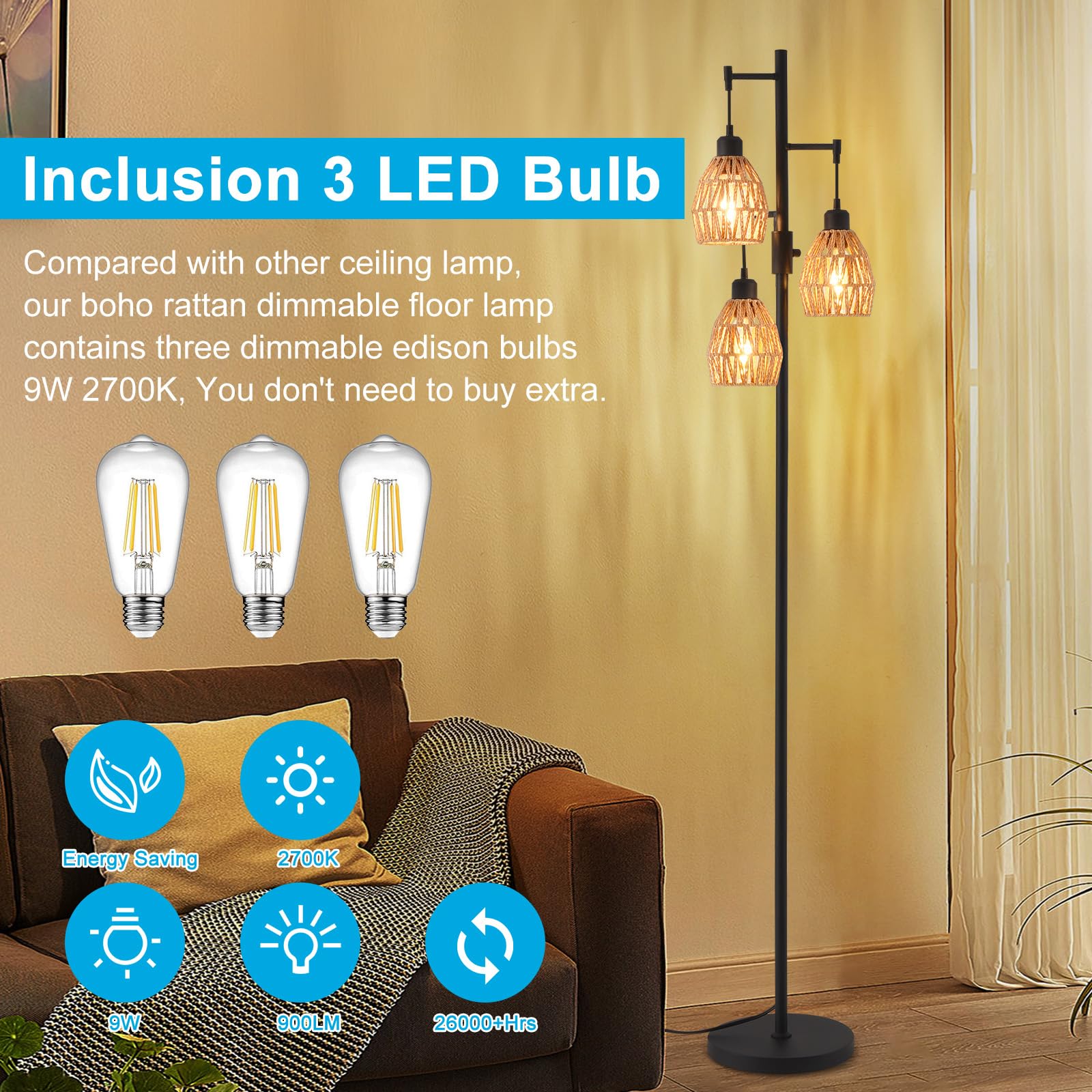 Lumenfox Boho Rattan Floor Lamp-Standing Lamps For Living Room 70'' Dimmable Floor Lamp With Cage Shade, Industrial Farmhouse Fl