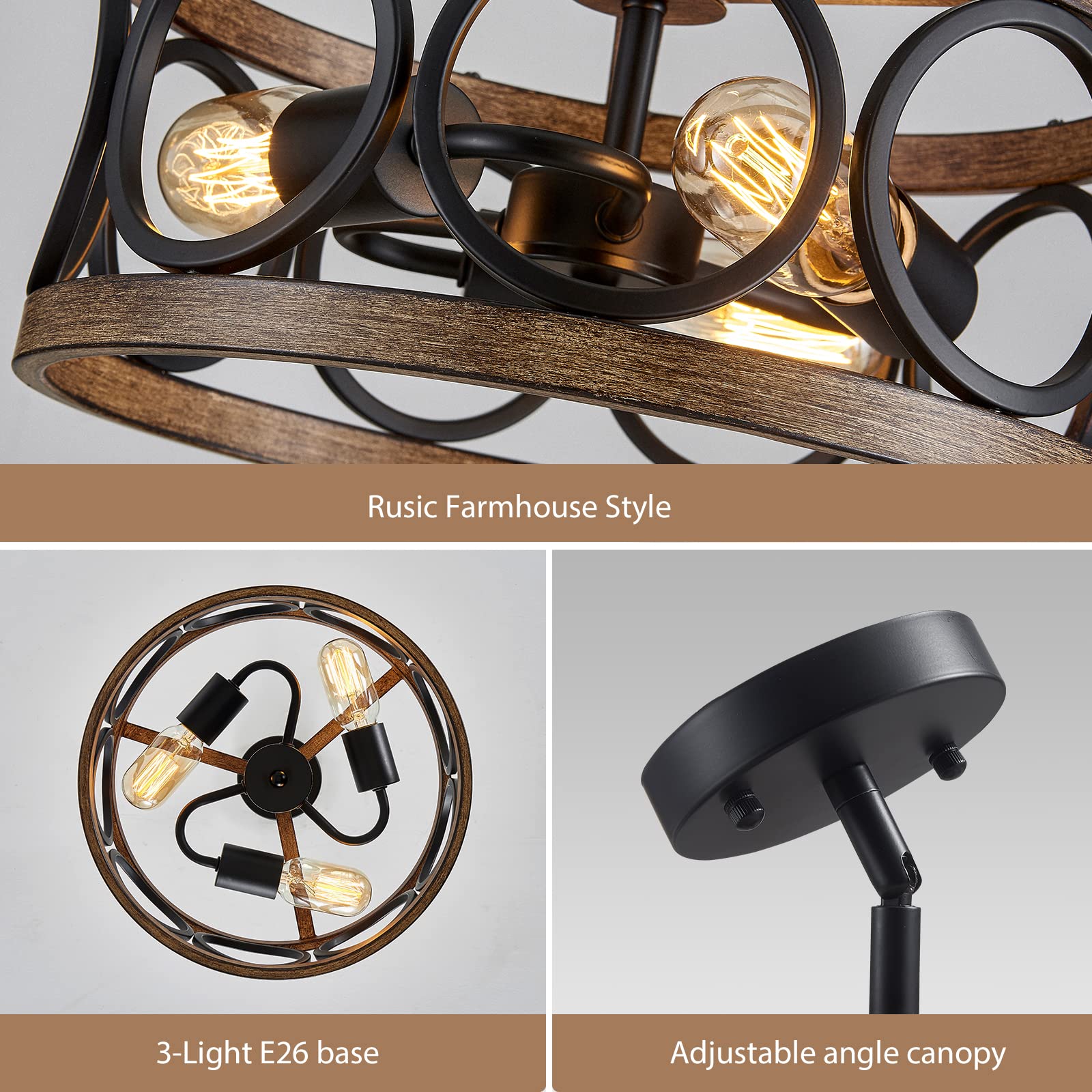 peskoe Modern 3-Light Black Ceiling Light Fixture, 13'' Drum Design, Metal Shade for Bedroom, Dining Room, Kitchen, Hallway