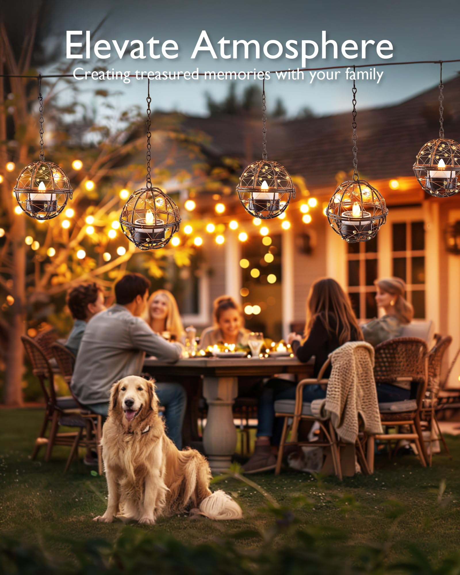 Homemory Solar Tea Lights Outdoor Waterproof Hanging Lanterns, Beaded Copper Wire Ball Holders With Solar Powered Tea Lights Can