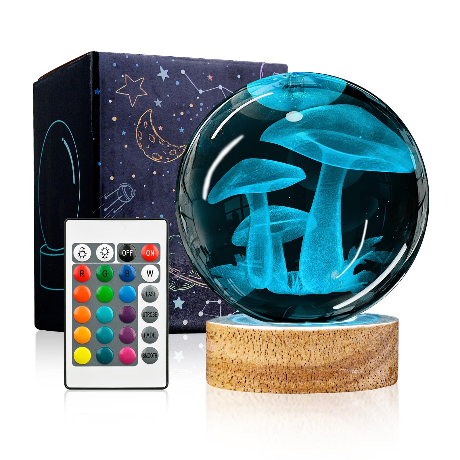 YYLZEPHB 3D Mushroom Crystal Ball Night Light with Woodern Base, Mushroom Glass Ball Lamp with 16 Colors and Remote Control Cool
