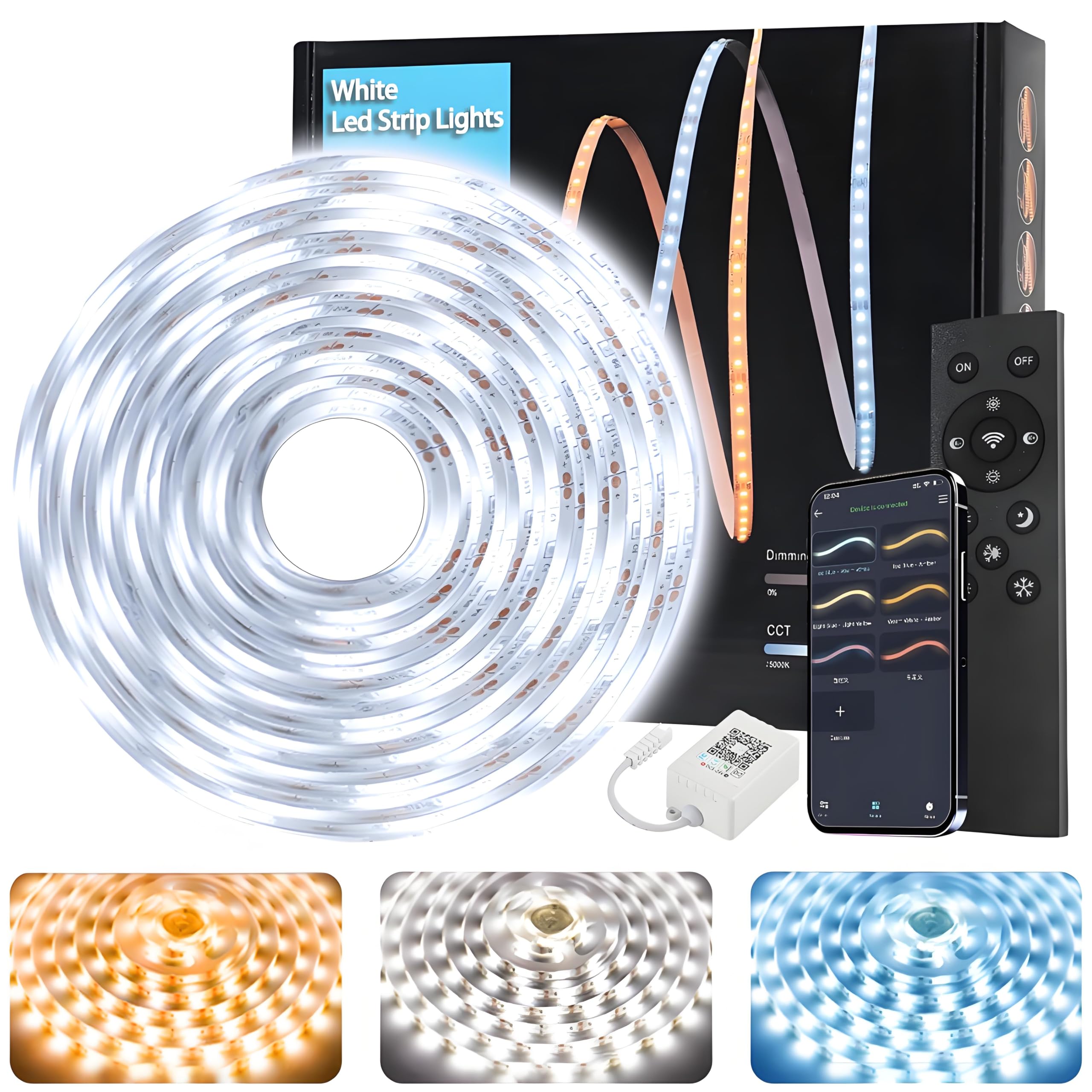 Tenmiro White LED Band Lights 16.4ft (600 LEDs) Super Bright 25000K Daylight White  3Color Temperature Dimmable with Smart App & Remote Control for Bedroom Kitchen Commercial Home Lighting Decor