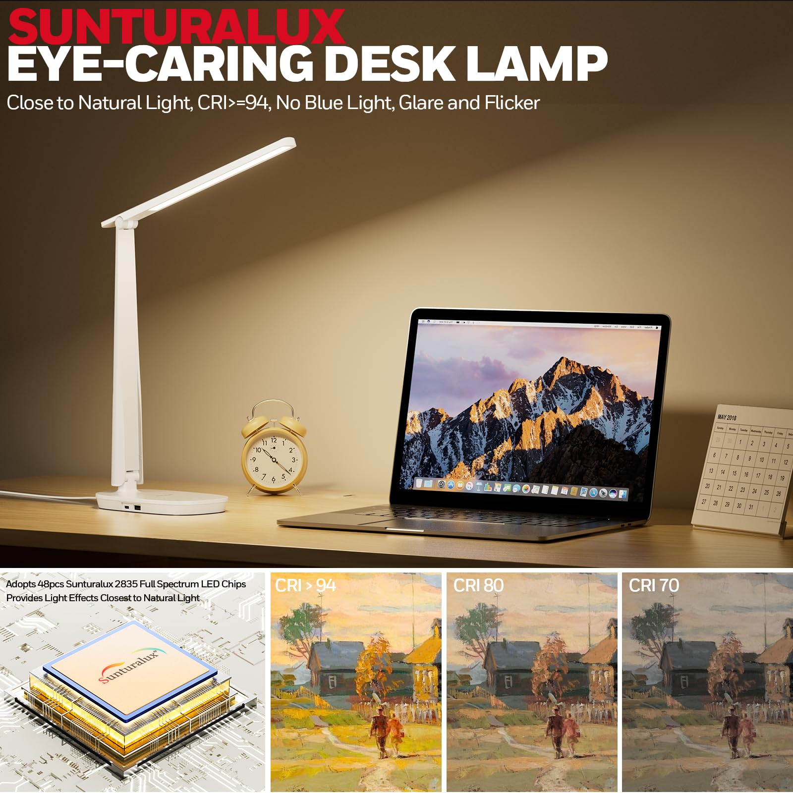 Honeywell LED Desk Lamp - Eye-Caring Light, 4 Color Modes, Touch Control, USB A+C Ports, Adjustable Head, White, Model: H2-1