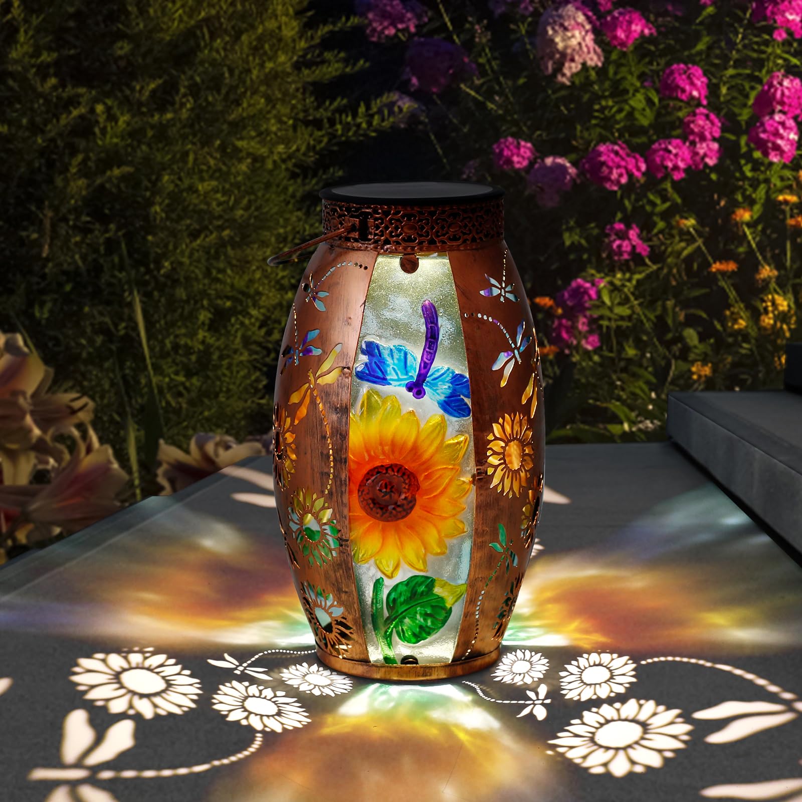 Solar Lanterns Outdoor Hanging Lights Decor Dragonfly Lantern Waterproof Metal Led Sunflower Light Decorative Garden Yard Patio Lawn Gifts For Women Mom