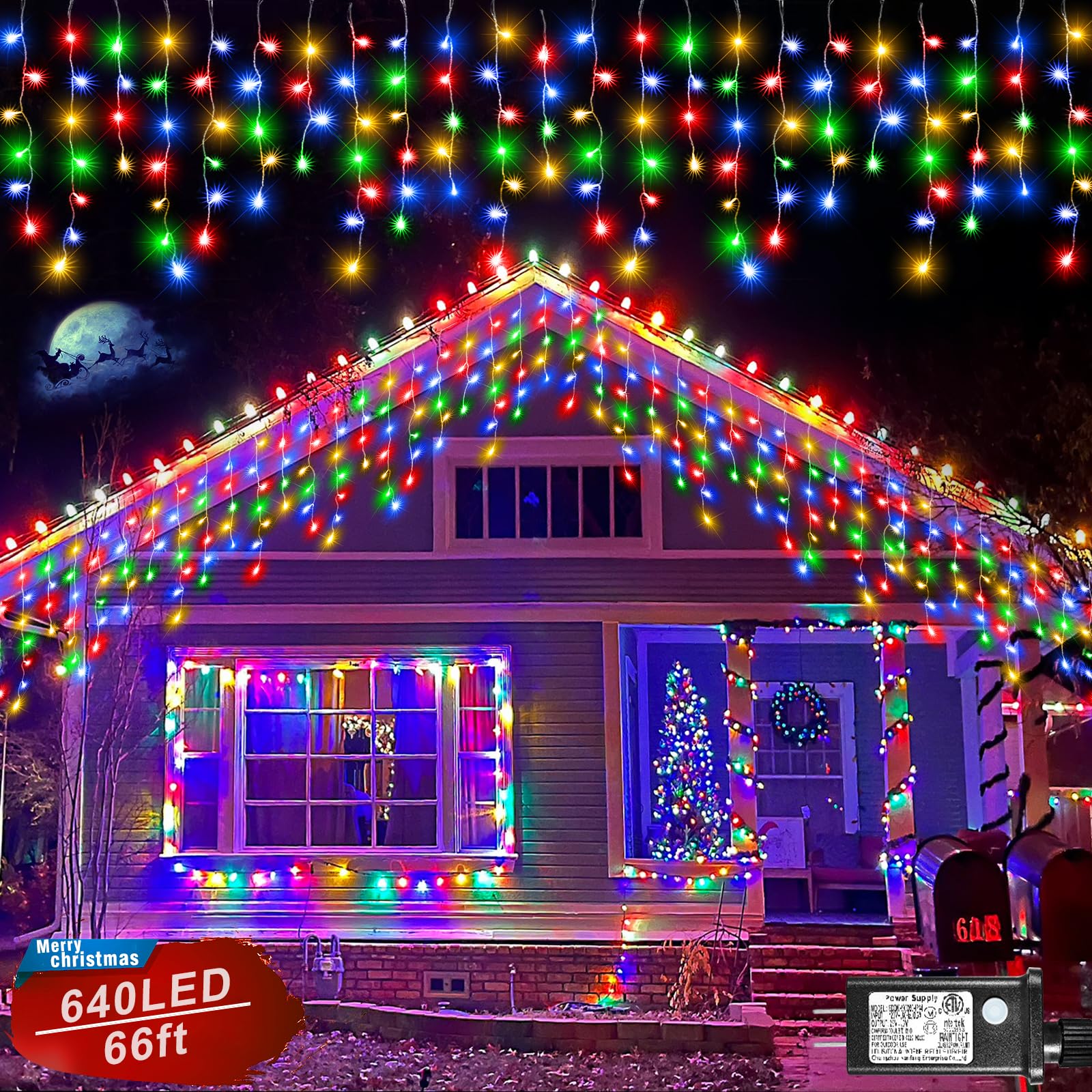Multicolor Icicle Christmas Lights, 66Ft 640 Led Icicle String Lights With 8 Modes 120 Drops, Waterproof Plug In Curtain Fairy L