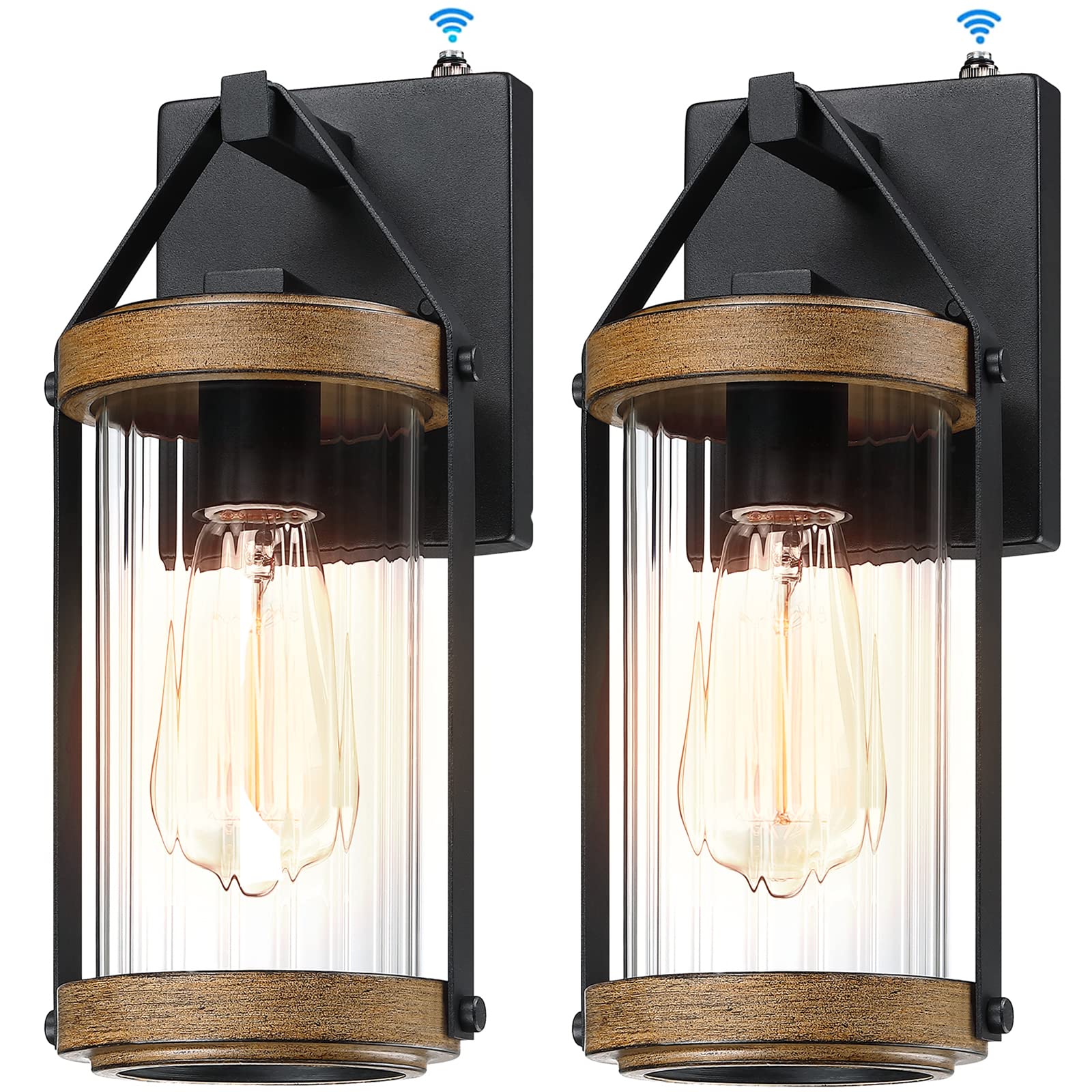 LONEDRUID Outdoor Wall Light Fixtures - 2 Pack, Dusk to Dawn, Waterproof, Black & Wood Texture, Wall-Mount Lantern Sconce