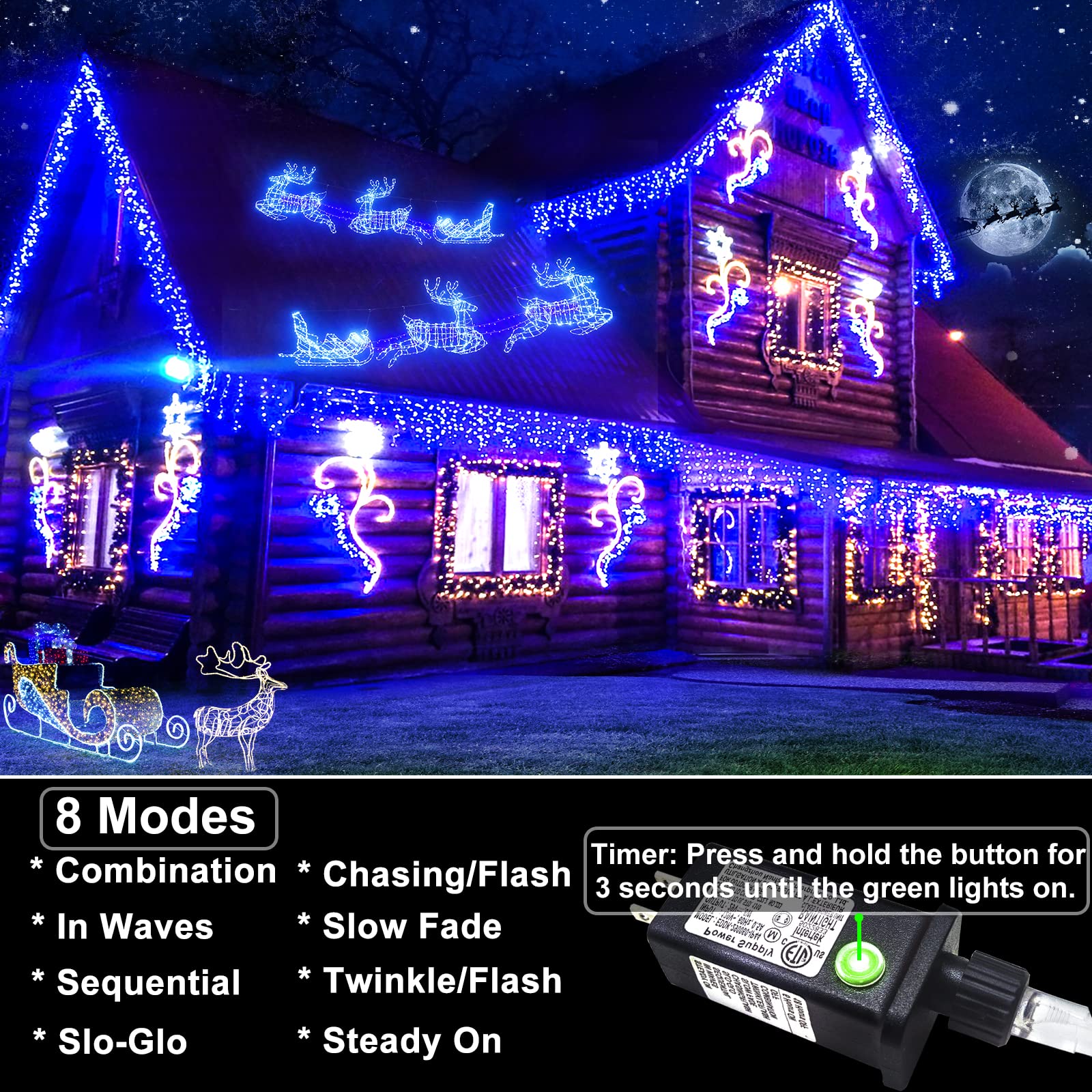 Nielfoi 132ft Icicle Lights, 1280 LED Blue Outdoor Christmas Lights, Waterproof, 8 Modes, Model BG-CL3M3-306L01