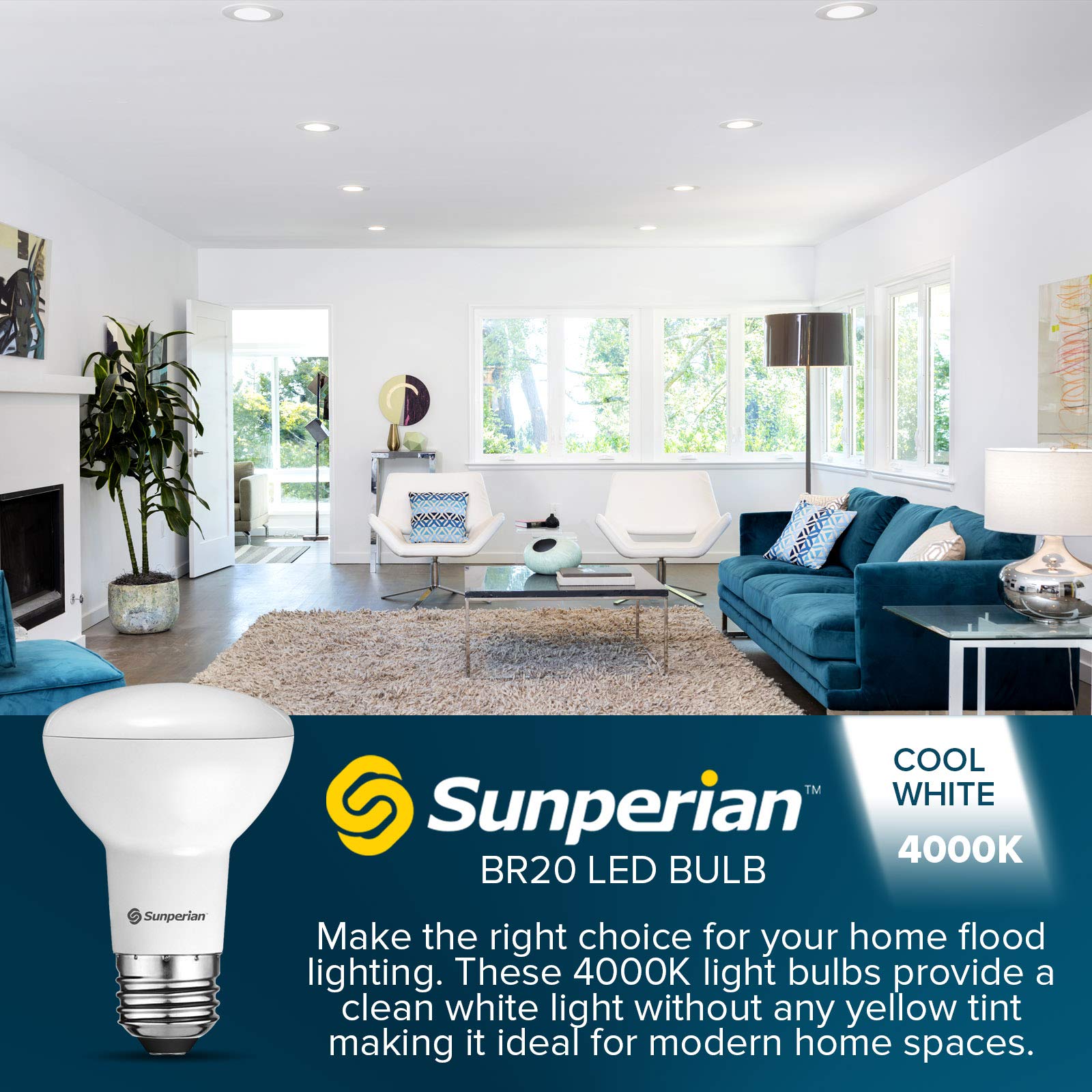 SUNPERIAN BR20 LED Bulb, 6W=50W, 4000K Cool White, Dimmable, 550 Lumens, Enclosed Fixture Rated, 4 Pack