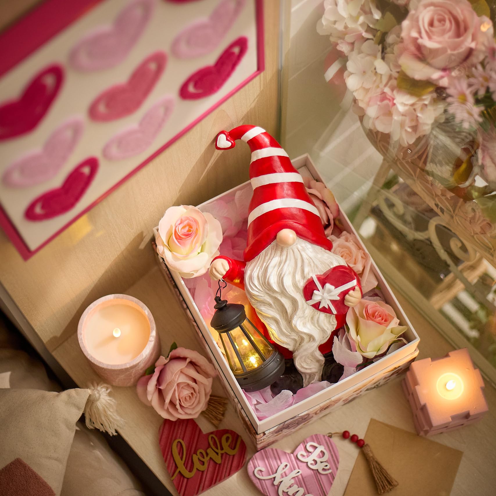 Teresa'S Collections Valentine'S Day Decorations For Outdoor Decor, Resin Garden Gnome Holding Gift & Lantern With Solar Lights