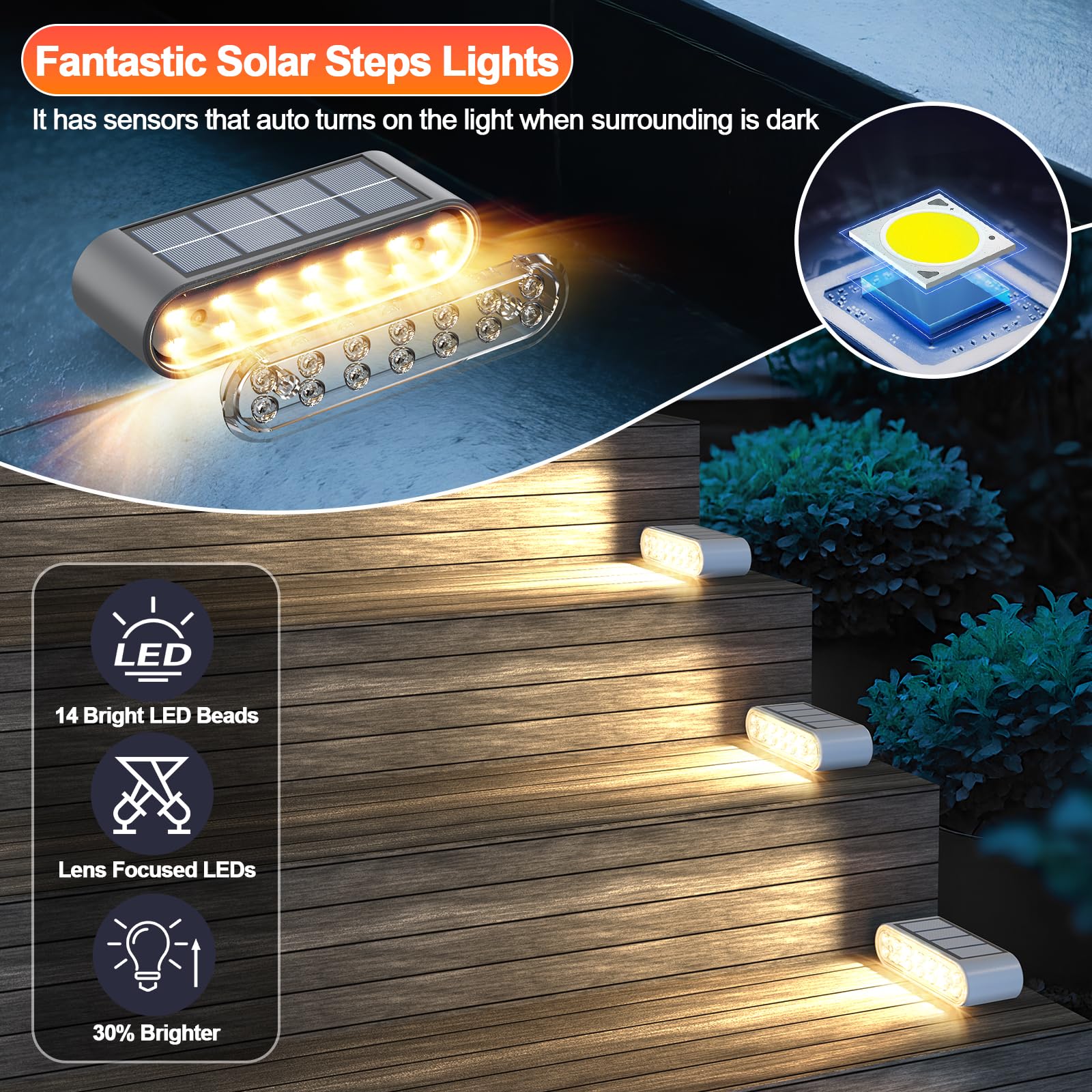 Xillumi Core Solar Step Lights For Outside  6-Pack Stair Light Outdoor Waterproof Ip67  14 Led Warm White Light Solar Powered Lighting For Steps  Stairs  Deck Patio  Walkway  Front Porch Decor