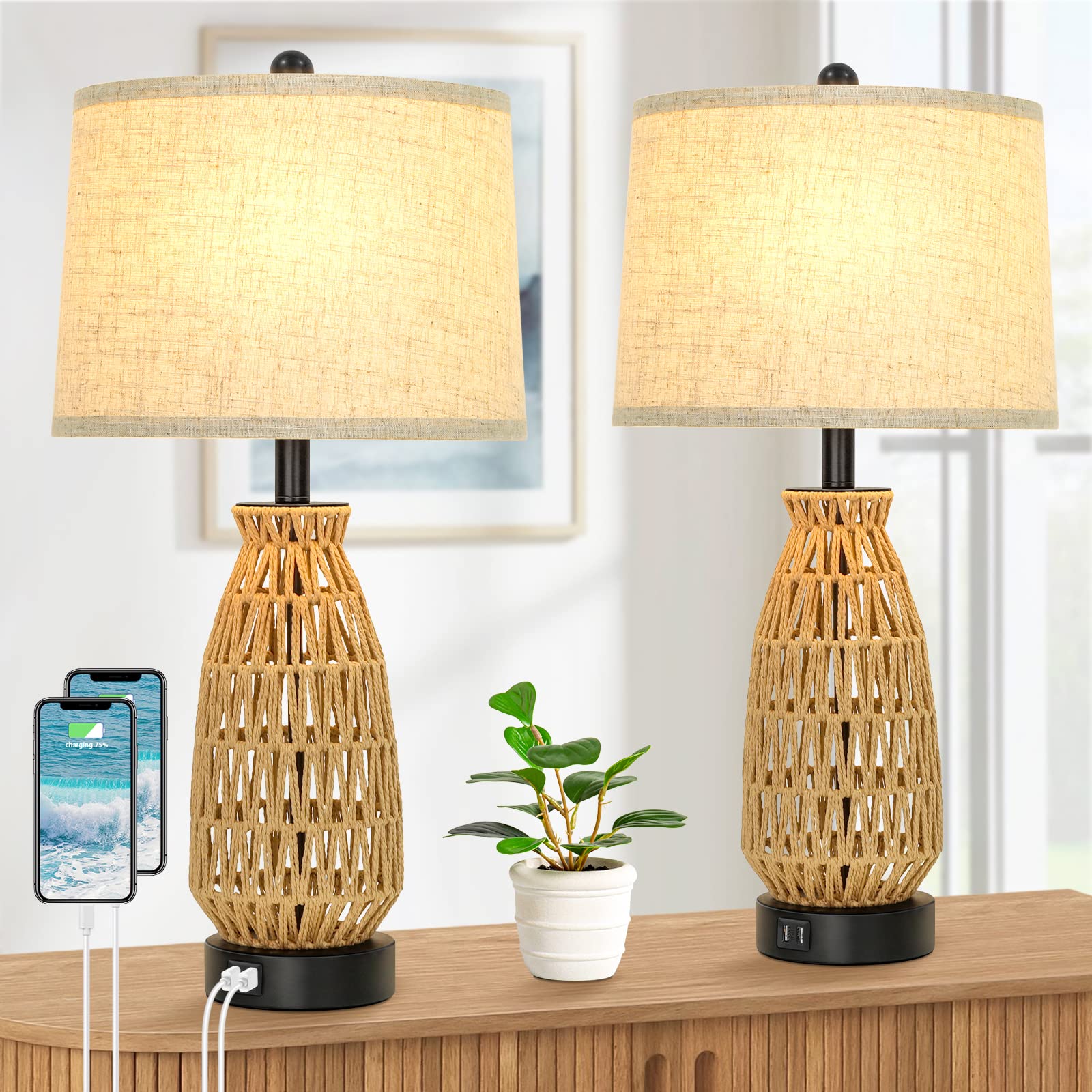 Set of 2 Rattan Table Lamps with 2 USB Ports  Coastal Woven Bedside Lamps 26 Tall  Farmhouse Nightstand Lamp with Rotary Switch and Cream Fabric Shade  Modern Desk Lamps for Living Room Bedroom Dorm