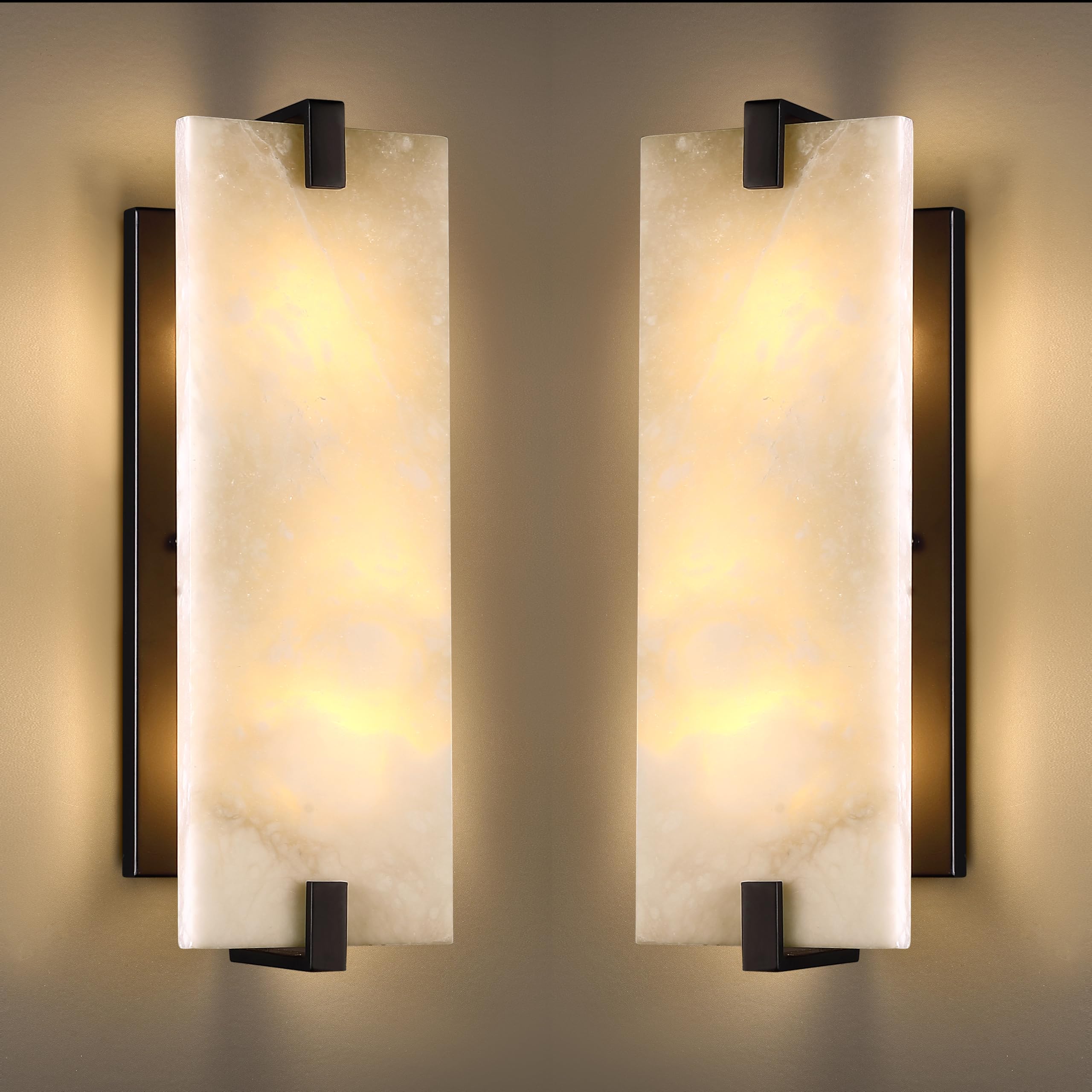 Cjy Chenjinyan 2 Pack 2 Light Square Alabaster Marble Bathroom Wall Sconce Modern Concise Style Wall Light Fixture,Black Finish