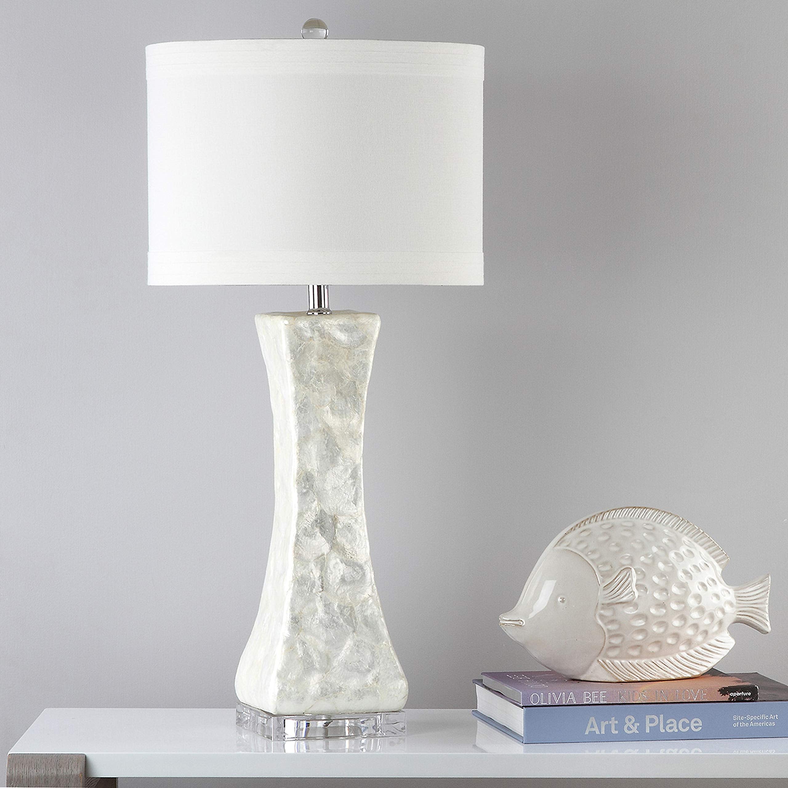 SAFAVIEH Lighting - Shelley Coastal White Capiz Shell Table Lamp, Concave Shell Design, LED Bulb Included (LITS4146A)
