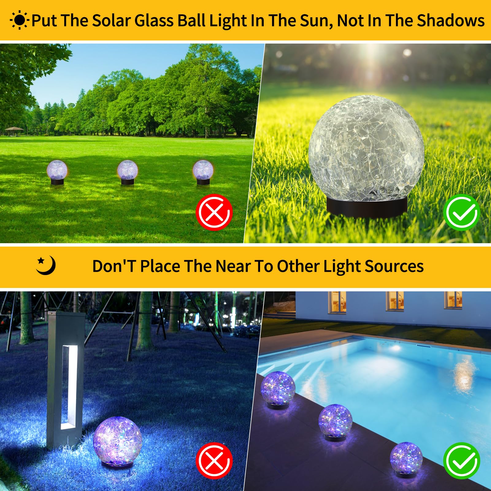 JKIMK Solar Globe Lights - Waterproof Cracked Glass Orbs, 2 Multicolor Globes for Garden, Patio, and Yard Decor, Model GUO-XBQ-4-4-4