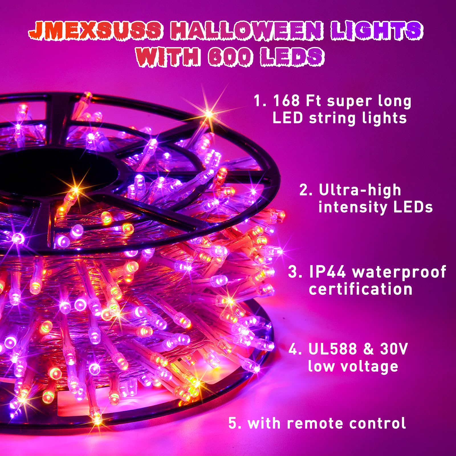 JMEXSUSS 600 LED Christmas String Lights, Orange and Purple, Clear Wire, Model EXS-S-0600