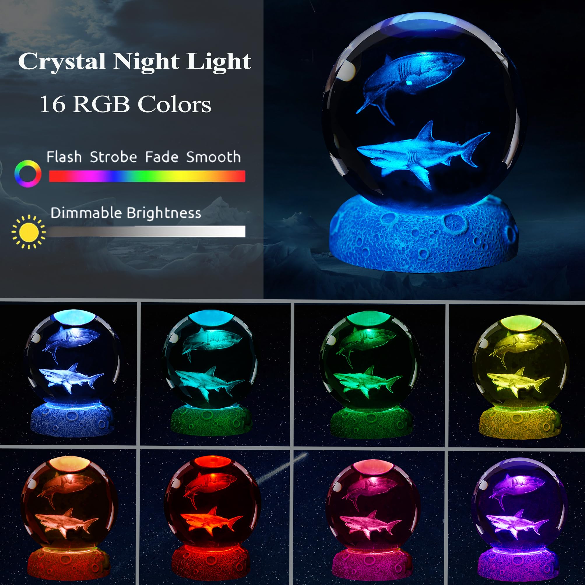 POSSHE 3D Shark Night Light Lamp - 16 Color Remote, 3.15 Inch Crystal Ball Decor for Boys & Girls, Unique Underwater Birthday/Xmas Gifts