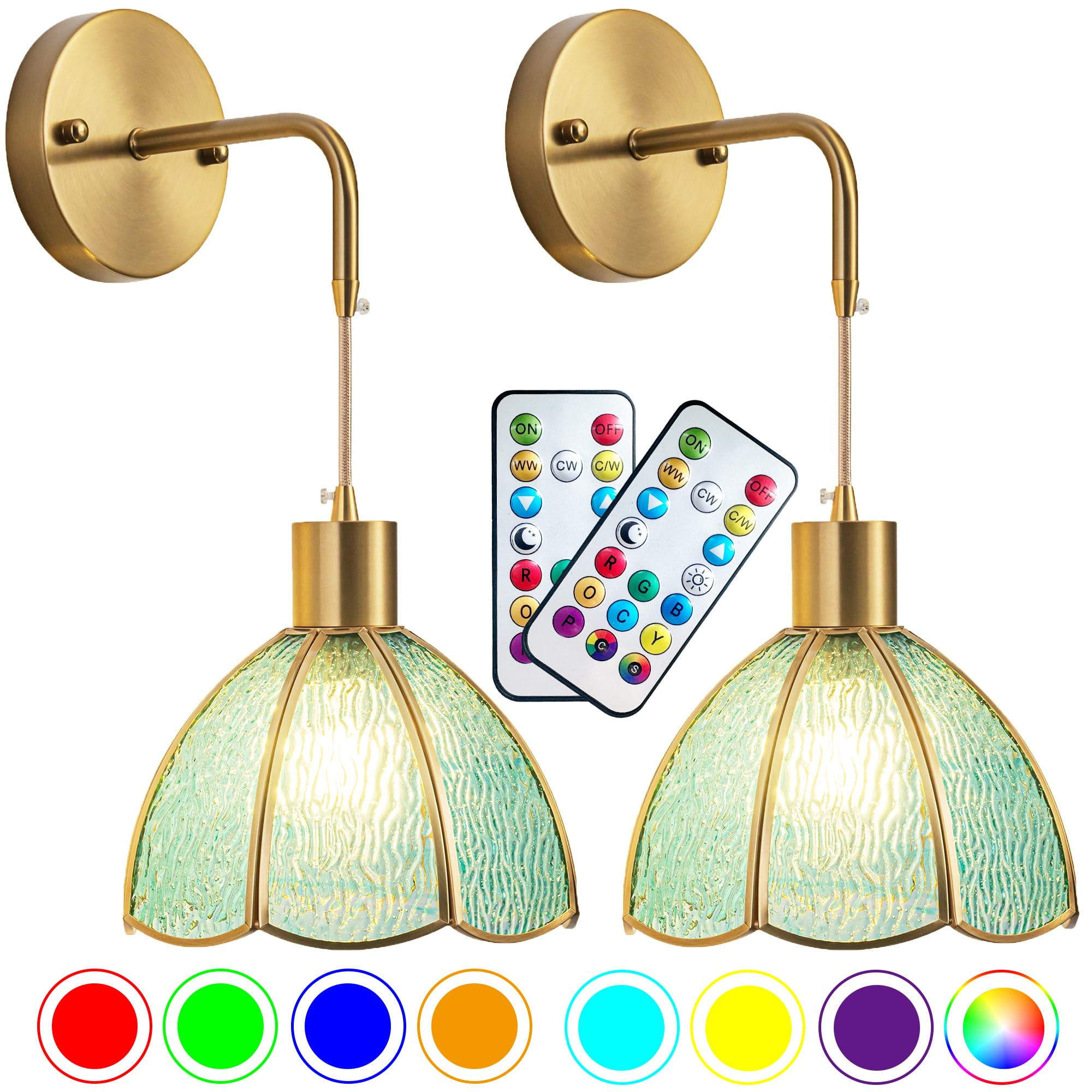 Battery Operated Wall Sconces Set Of Two, Indoor Not Hardwired Battery Wall Light With Remote Control, Rgb Color Changing Dimmable Battery Powered Wall Lamp For Bedroom, Easy To Install, Bulb Included
