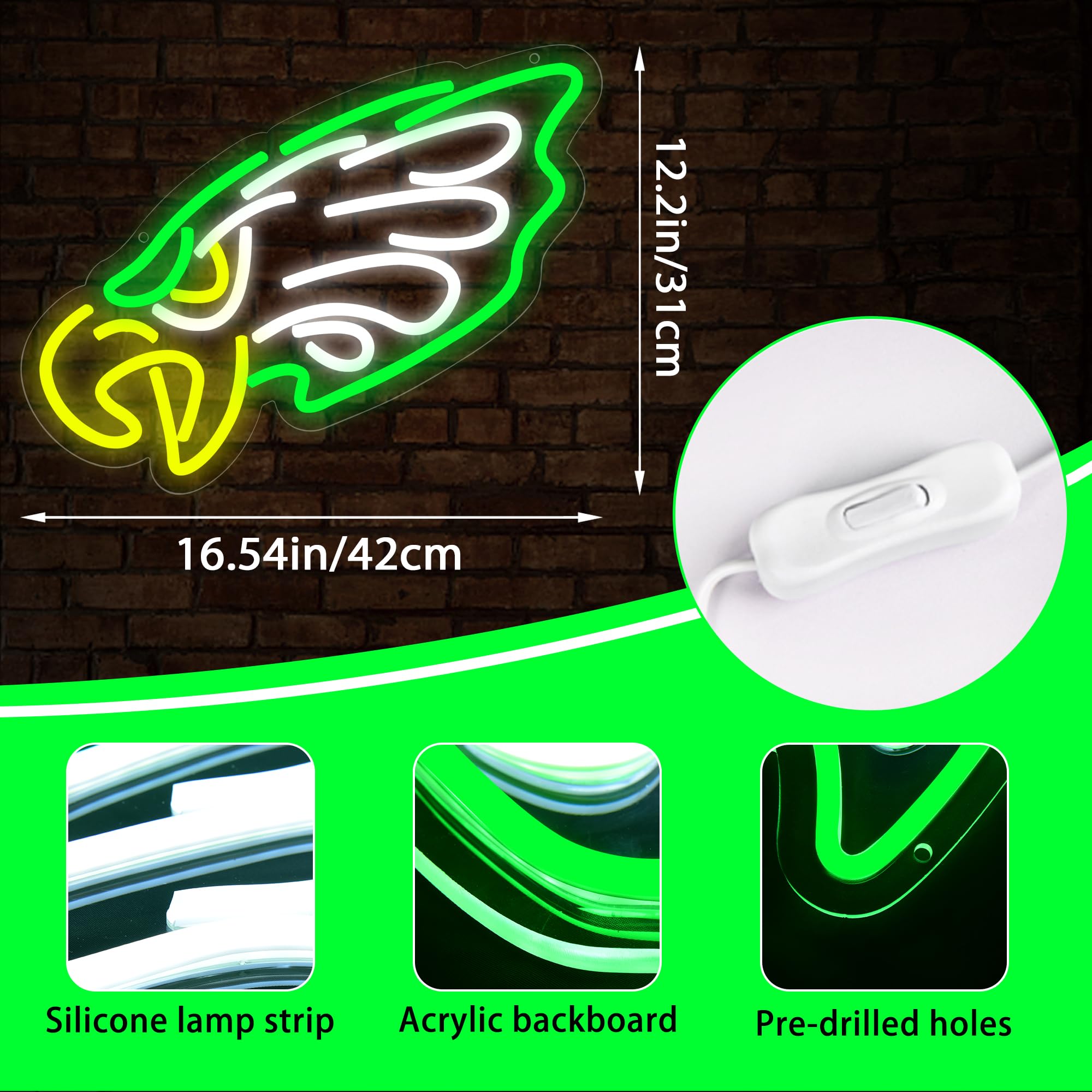 Brineon Football Neon Sign - Green LED Wall Decor, 16.5x7.4in Acrylic Light - Perfect for Man Cave, Bedroom, Party, Club, Bar