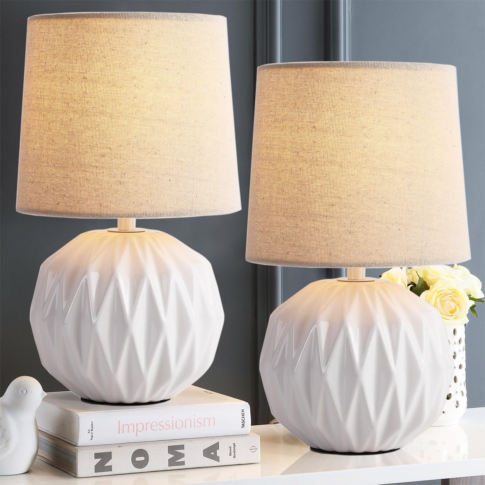 Somniferous Ceramic Bedroom Table Lamps Set Of 2, Small Bedside Lamp, White Lamp With Linen Shade, Mid Century Modern Nightstand Lamp For Bedroom Living Room Office