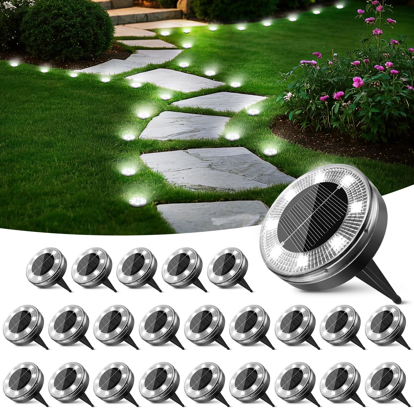 Peasur Mini Solar Ground Lights  24 Pack Flat Solar Disc Lights Outdoor Waterproof  2.3 Inch Small Solar Garden Lights Landscape Lighting for Outside Pathway Garden Yard Lawn Walkway Cool White