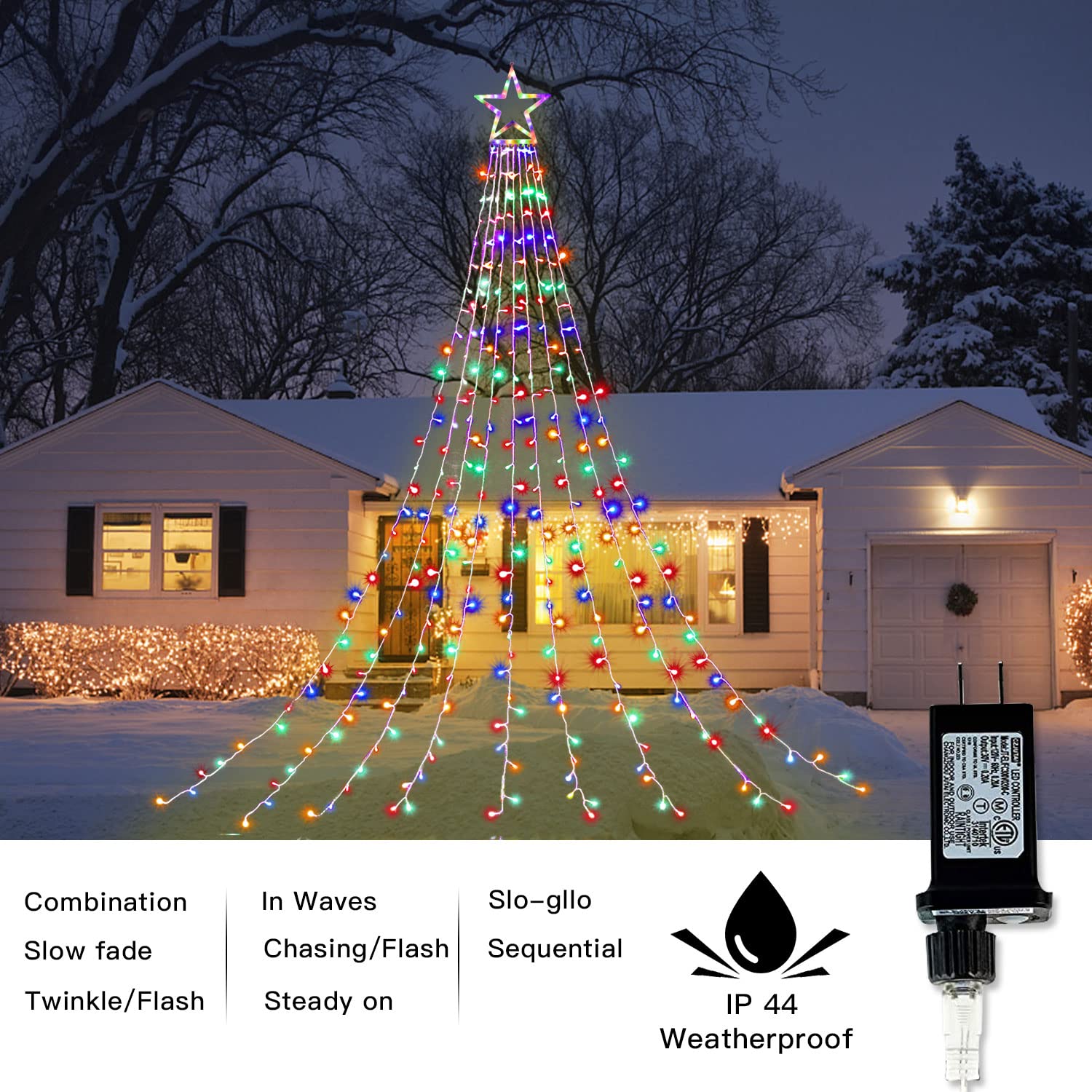 MUYUN Christmas Star String Lights - 320 LED Outdoor Fairy Lights, 8 Modes, Waterproof, Multicolor, 13" Topper Star