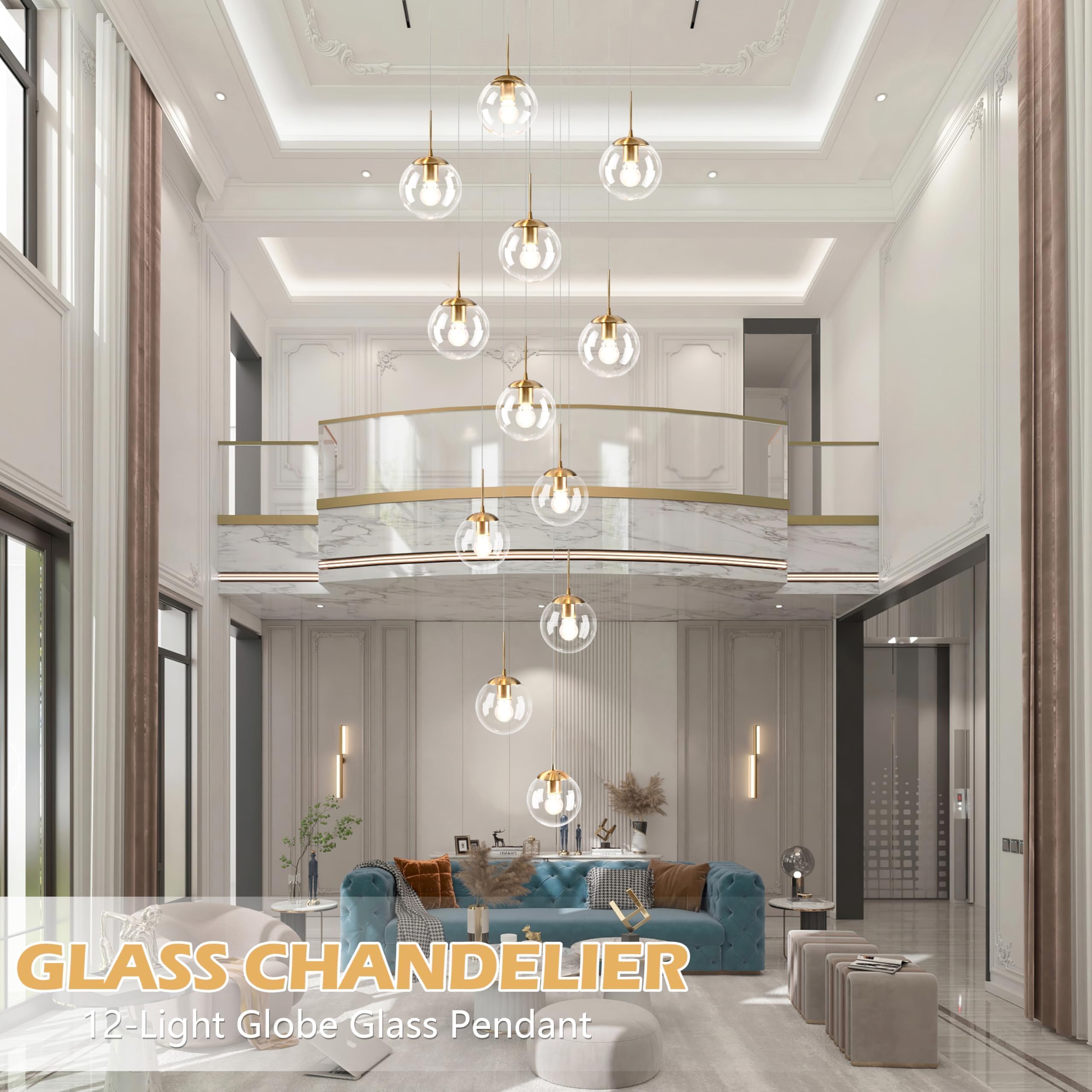 Koko&Yukina 12-Light Gold Mid Century Modern Chandelier For Living Room Staircase Chandelier For Entryway Clear Globe Glass Chan