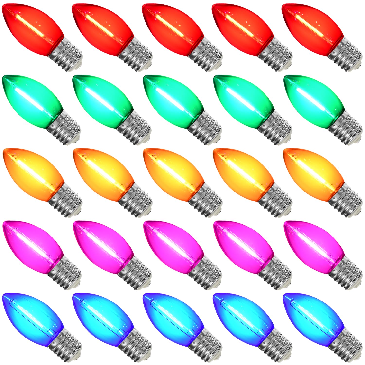 25 Pack Multicolor C9 Led Bulbs Led Christmas Light Bulbs, 0.6W = 7W, Shatterproof Plastic Colorful C9 Led Replacement Bulbs For