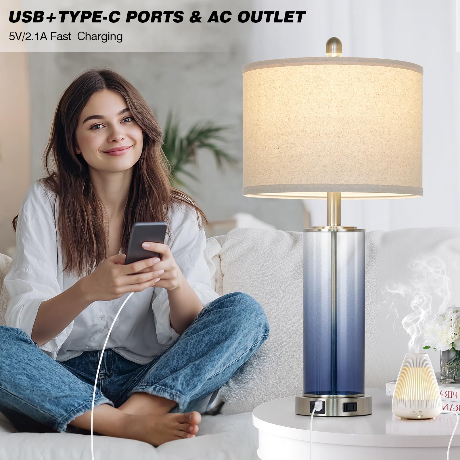 Ruzectt Coastal Blue Glass Table Lamps Set of 2, 3-Way Touch Control with USB Ports & AC Outlet, Elegant Nautical Design