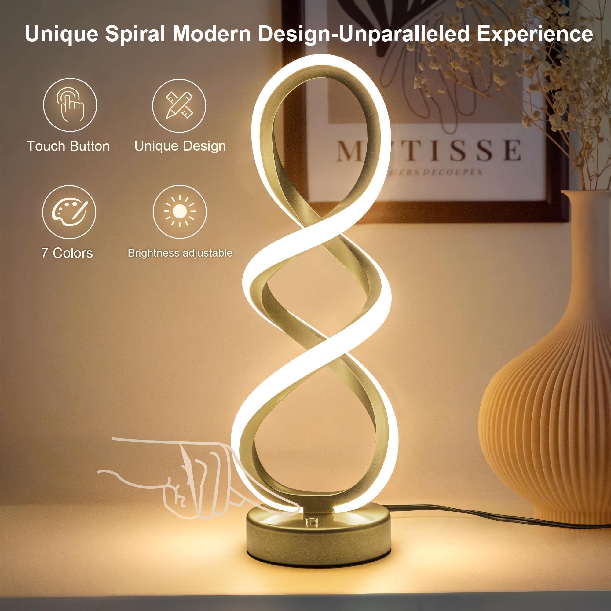 Adebime Modern RGB Table Lamp - Touch Dimmable, 10 Light Modes, Double Spiral 15.7", Gold-Spiral RGB