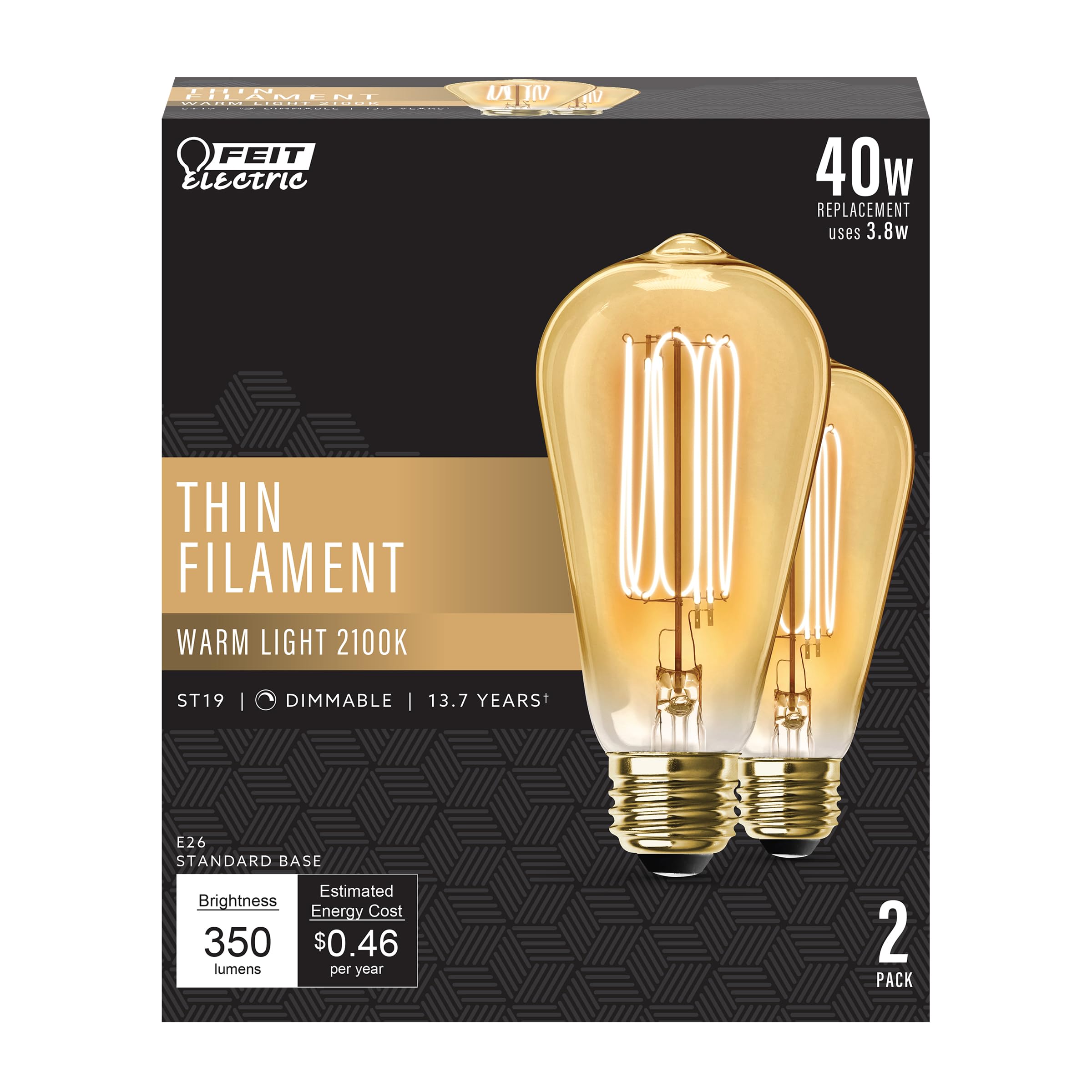 Feit Electric ST19 Vintage Edison LED Light Bulb, 40W Equivalent, Dimmable, 2100 Warm Light, E26 Base, Amber Glass Thin Filament