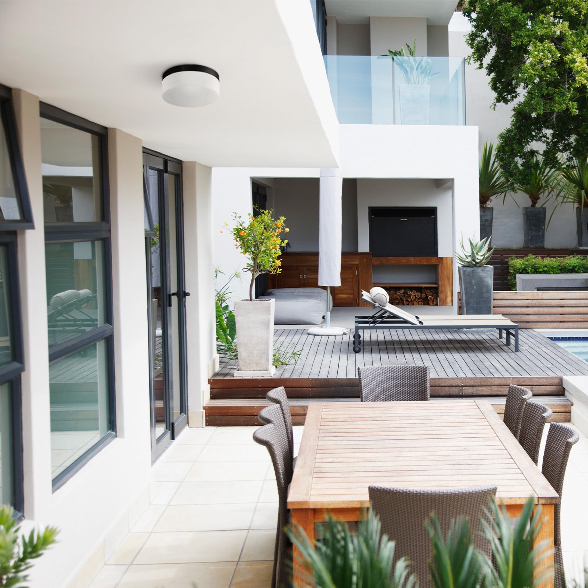 Globe Electric 44658 Mark Led Integrated Outdoor Flush Mount Ceiling Light, Black, Frosted Glass Shade, 2000 Lumen