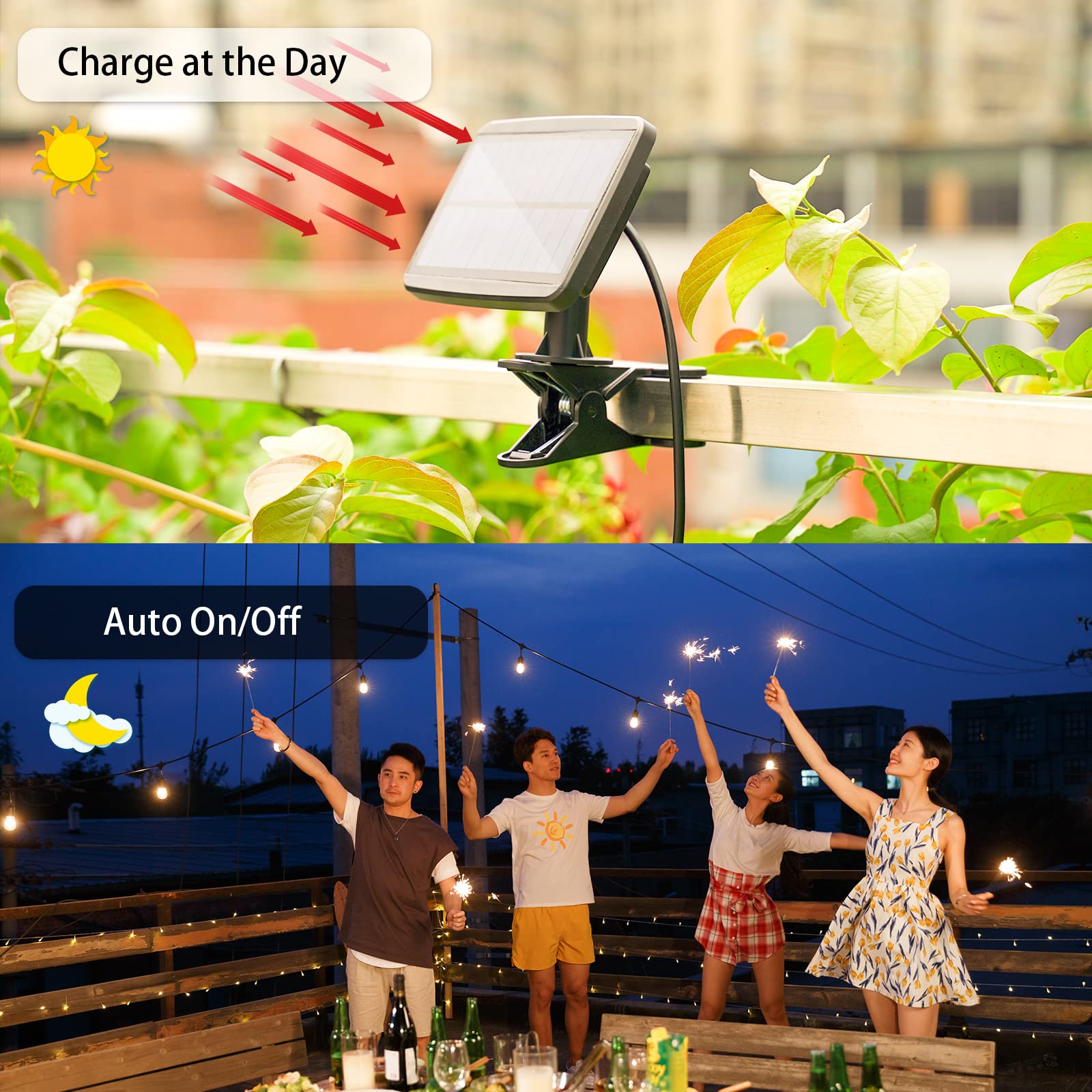 IPStank Solar String Lights 50FT, 15 Dimmable Shatterproof Edison Bulbs, Waterproof Color Changing, Multicolor, Model YGM-S14-15S