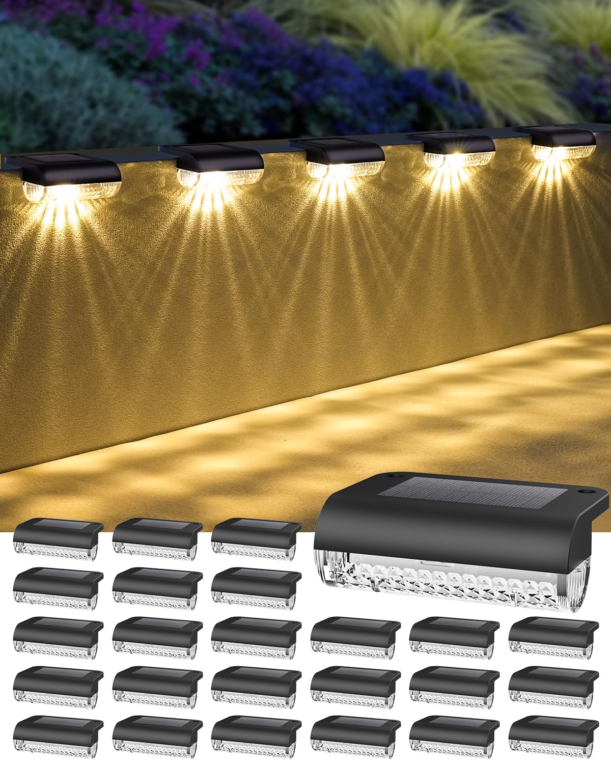 Herzila 24 Pack Solar Step Lights Outdoor Stairs, Solar Deck Lights 3000K Warm White, Auto Dusk-to-Dawn, Weatherproof, Low Profi
