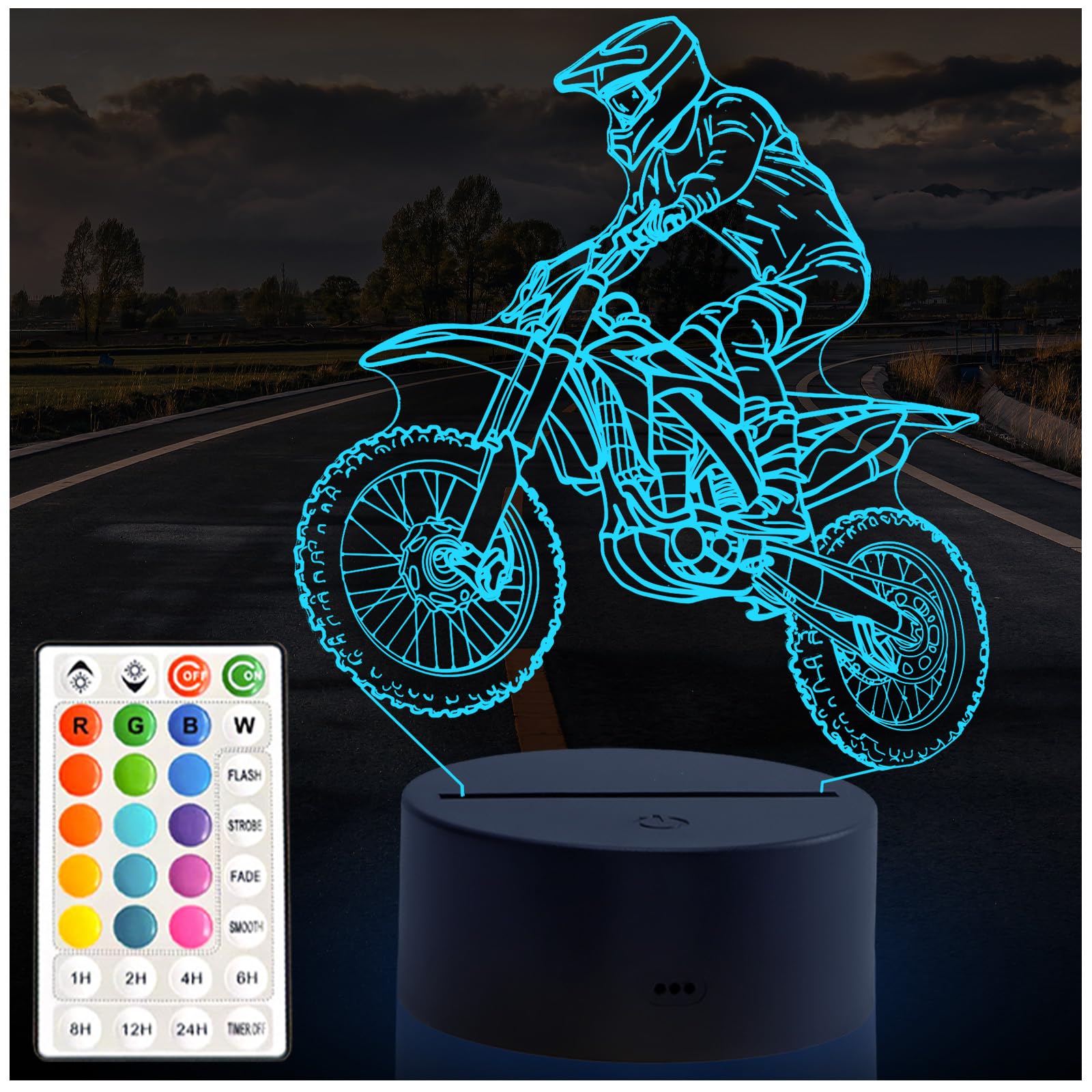 Dirt Bike Gift 3D Night Light  16 Colors Illusion Night Lamp for Boys - Dirt Bike Themed Bedroom Lamps  Optical Illusion Lamp with Remote Control  Kids Room D?cor  Cool Gifts for Motorcycle Lovers