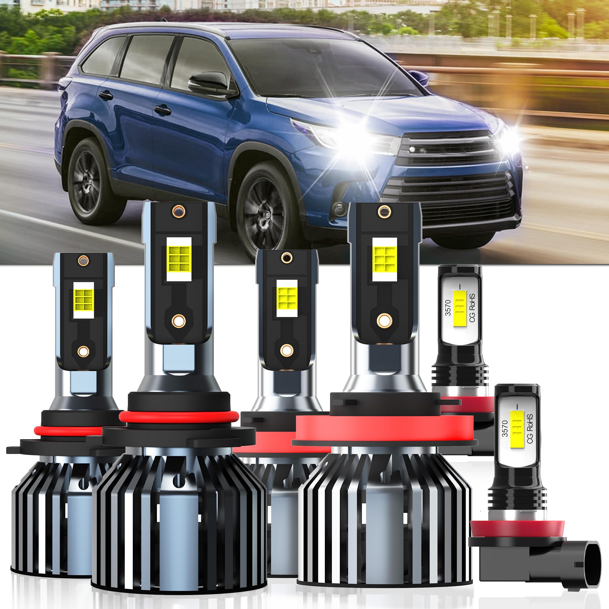 XG Glitter Lights Fit For Toyota Highlander 2014-2019, 9005 High Beam H11 Low Beam H11 Fog Light Bulbs, High Power 6500K White L