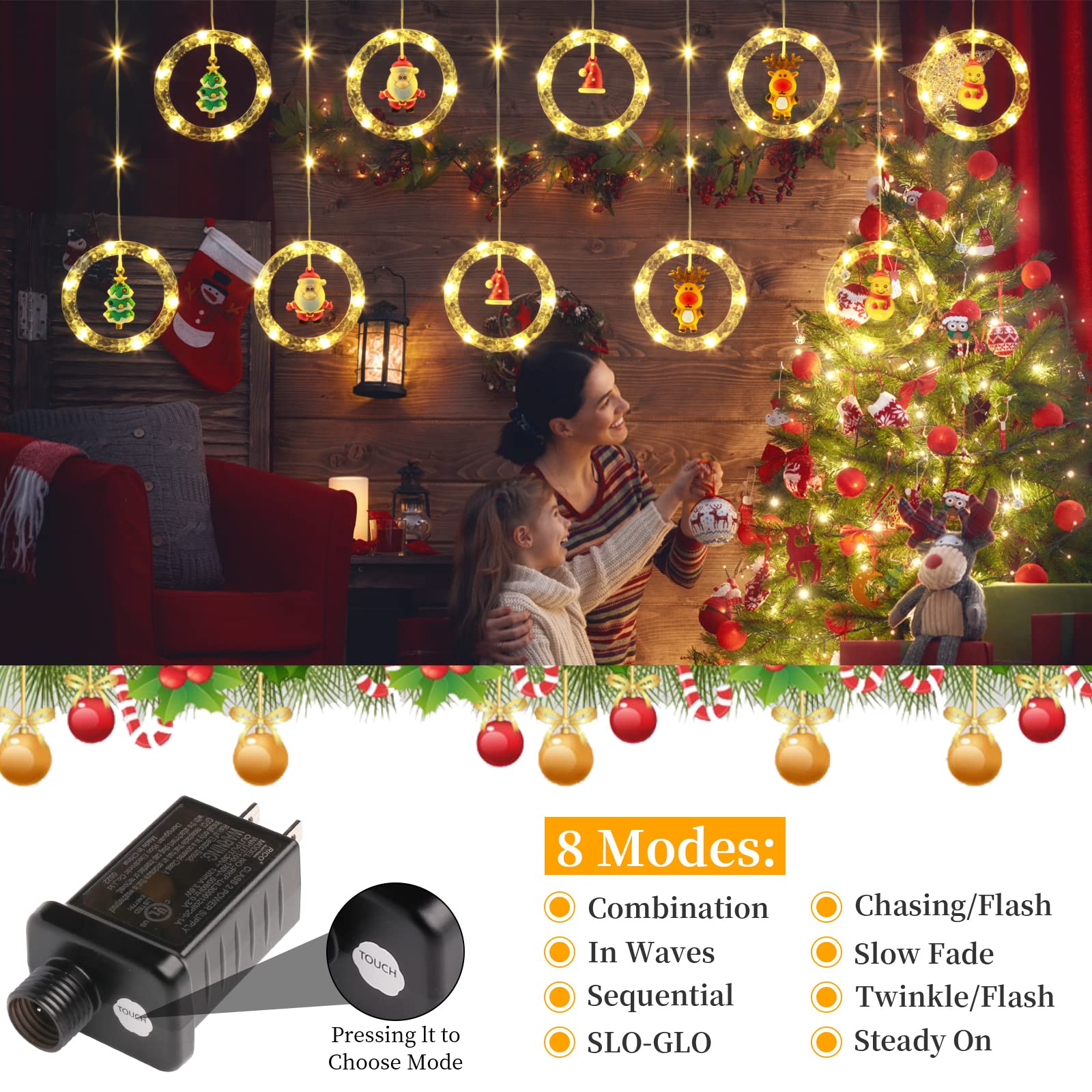 Quntis Christmas Window Curtain Lights 9.8Ft*2.3Ft Led Hanging Ring Lights With Ornament Toys - 8 Modes Plug In Christmas Decor Fairy Lights Backdrop For Bedroom Wedding Party Wall, Warm White