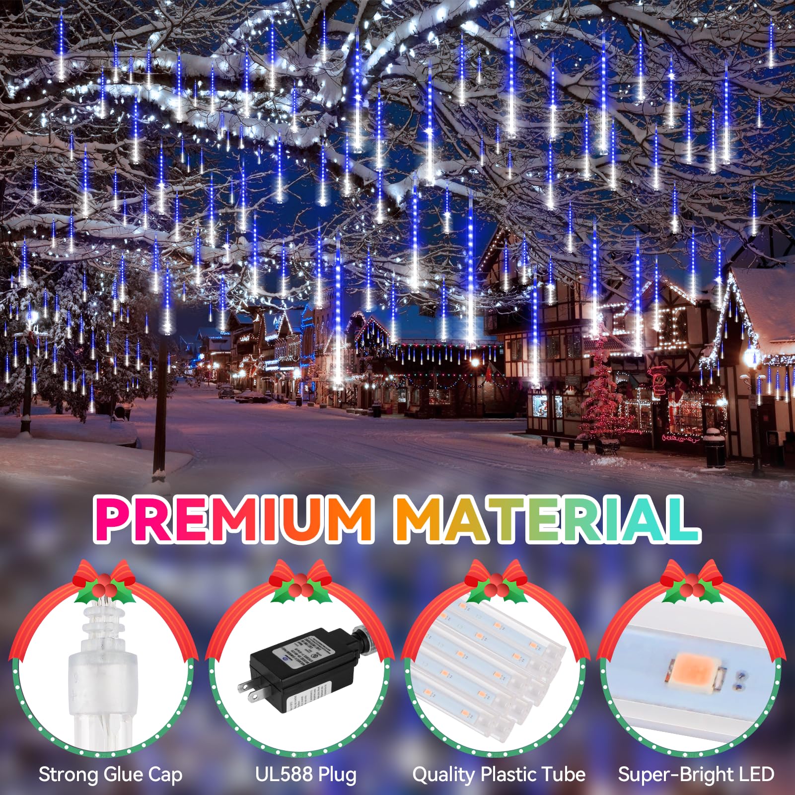 Knonew 2Pack Total 48 Tube Meteor Shower Lights 15 In 672 Leds Christmas Lights Outdoor Waterproof Plug In Falling Rain Light For Xmas Tree Wedding Party Garden Decorations (Blue And Cool White)