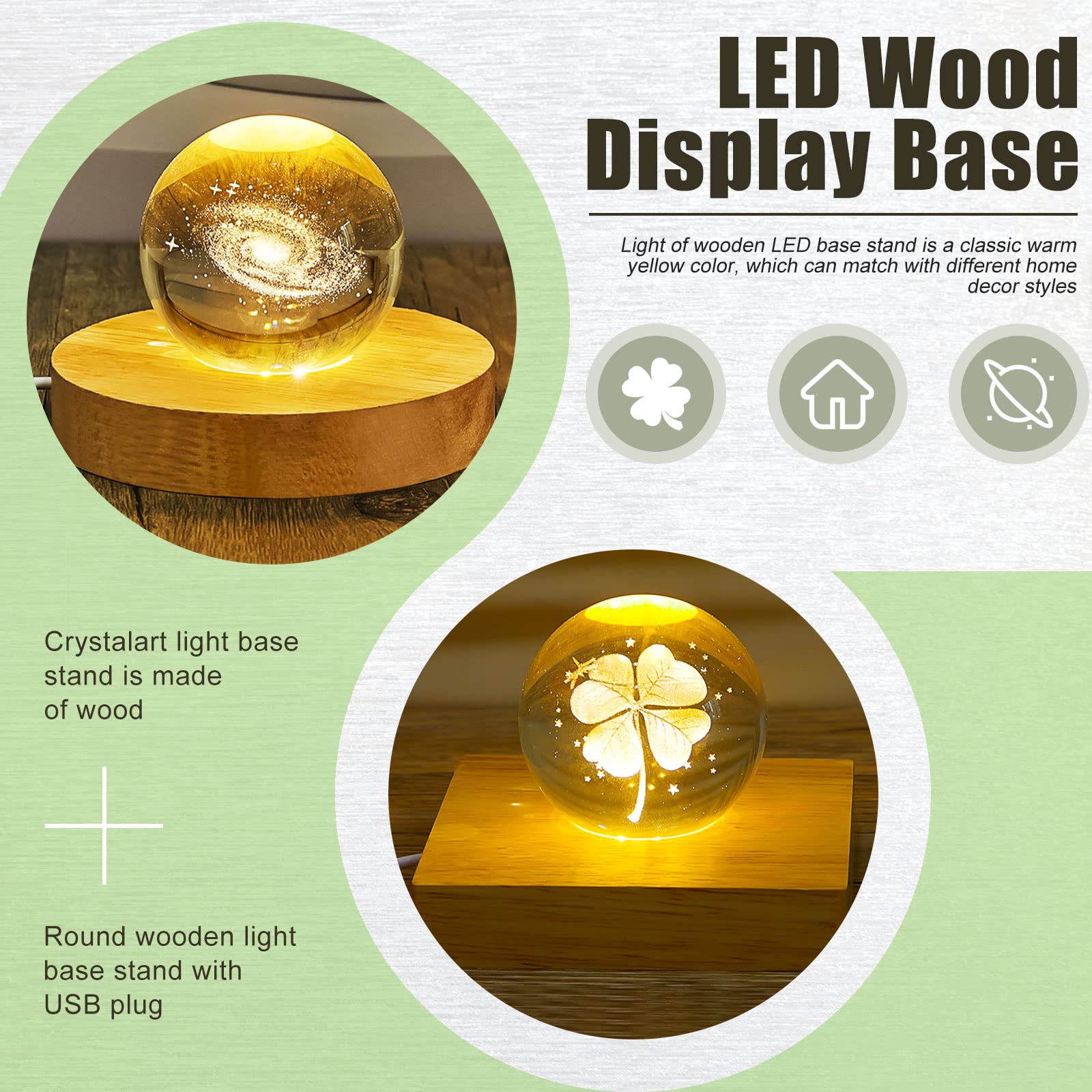 Honoson LED Display Base for Crystal Glass Art - 2 Pcs Wooden Stand with 6 LEDs, Square & Round, Wood Grain Finish