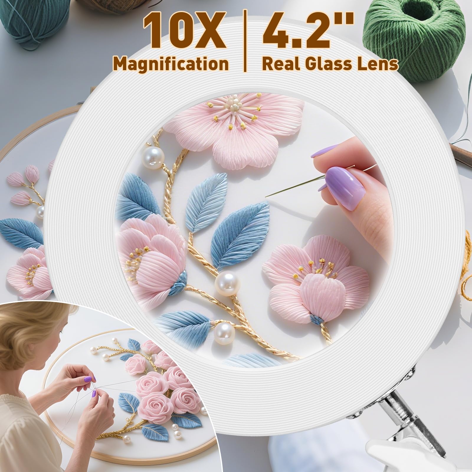 KIRKAS 10X LED Magnifying Lamp, Real Glass Lens, Stepless Dimmable, Adjustable Clamp, White, Model KR-DB-White