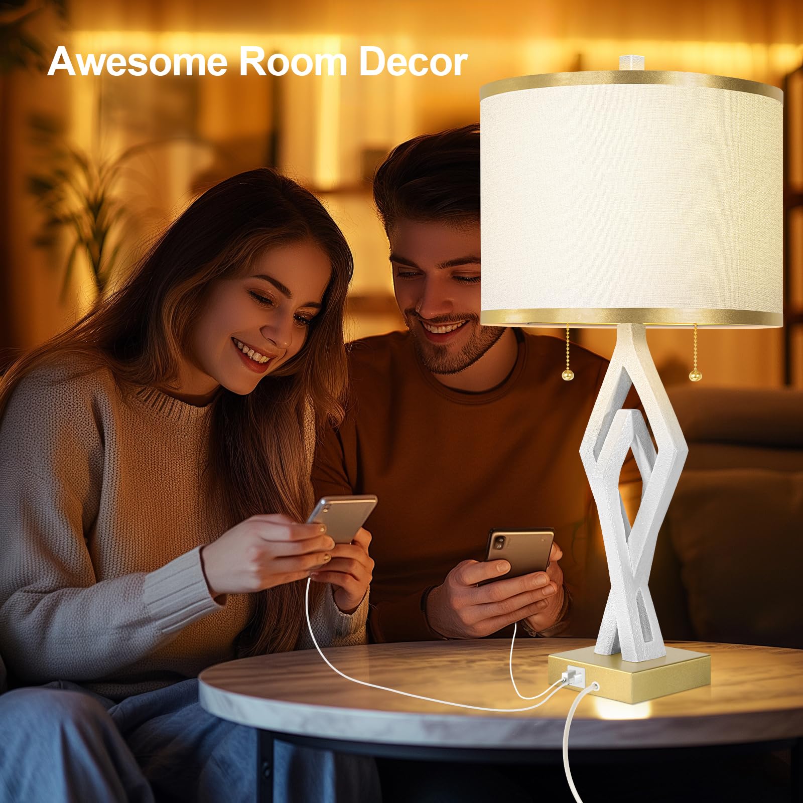 Sculptural Table Lamp Set Of 2 For Bedroom, 26    White Modern Bedside Lamps For Living Room, White Linen With Gold Trim Shade,