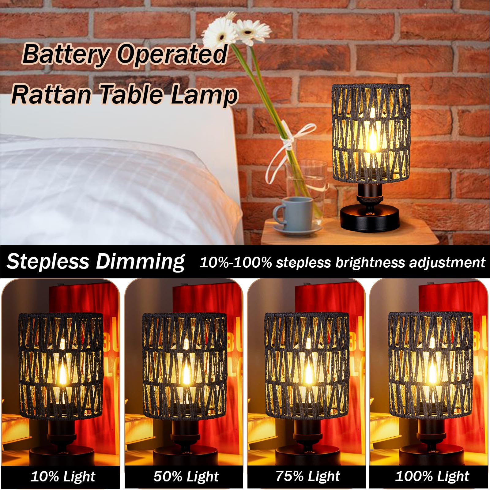 All Fortune Cordless Outdoor Table Lamps, Rechargeable Rattan Boho, Dimmable Battery Operated For Patio, Home, Living Room, Bedr