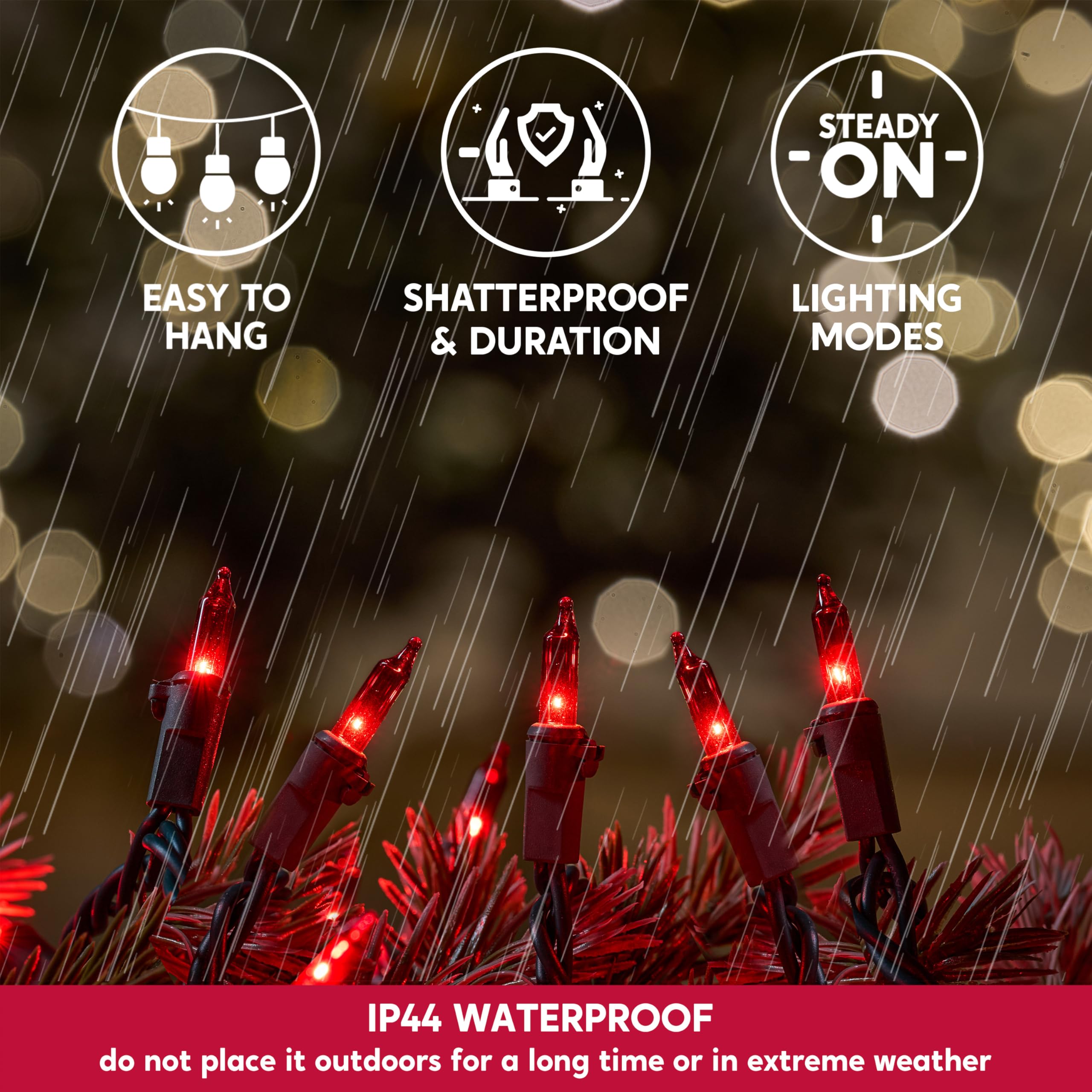 Joiedomi Outdoor Christmas Lights, 42.8Ft Red String Lights, 200 Count, Green Wire For Holiday Decorations