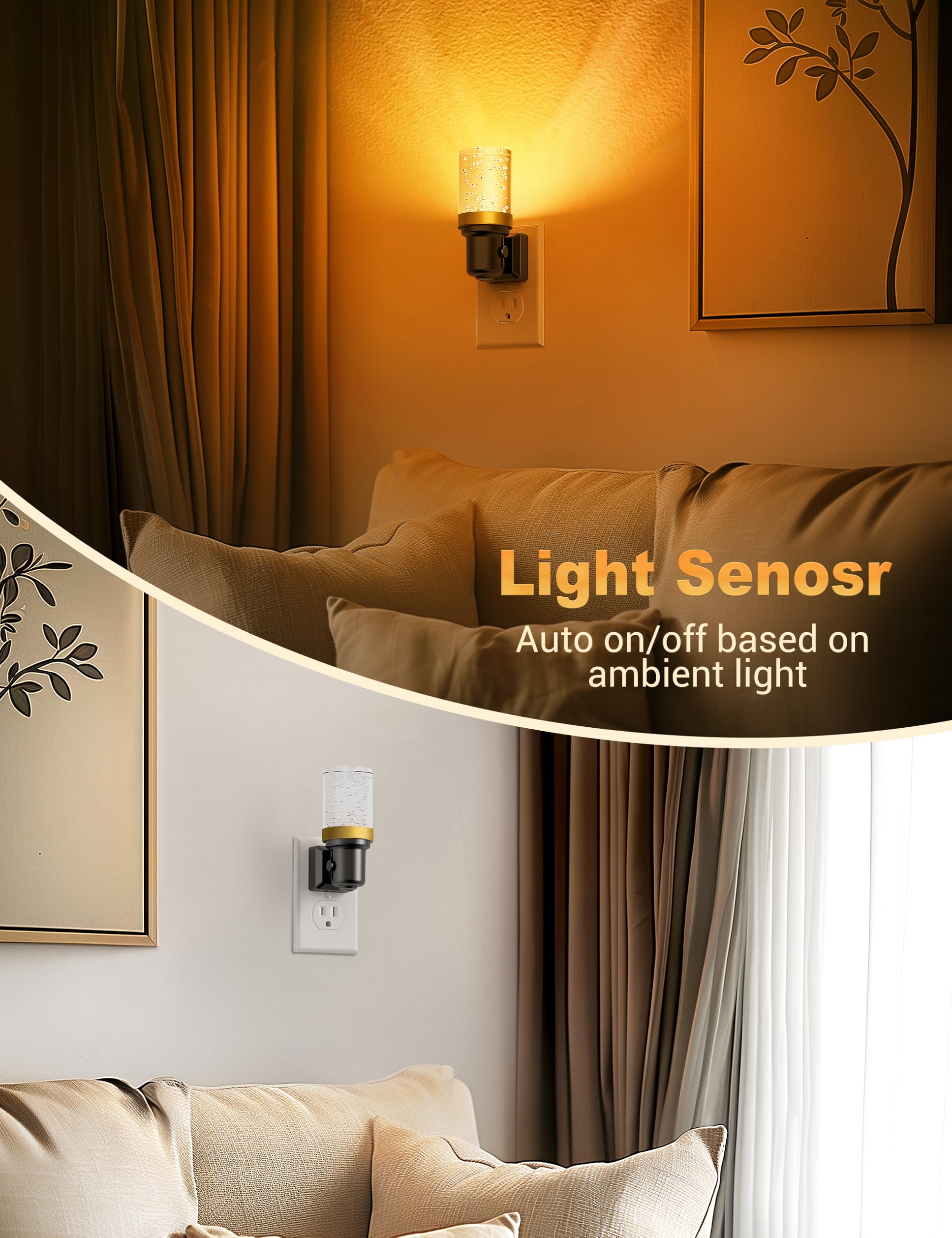 Jandcase Dimmable Night Light - Auto On/Off Sensor, Amber Led, 0-100Lm Brightness, Bathroom & Bedroom Decoration
