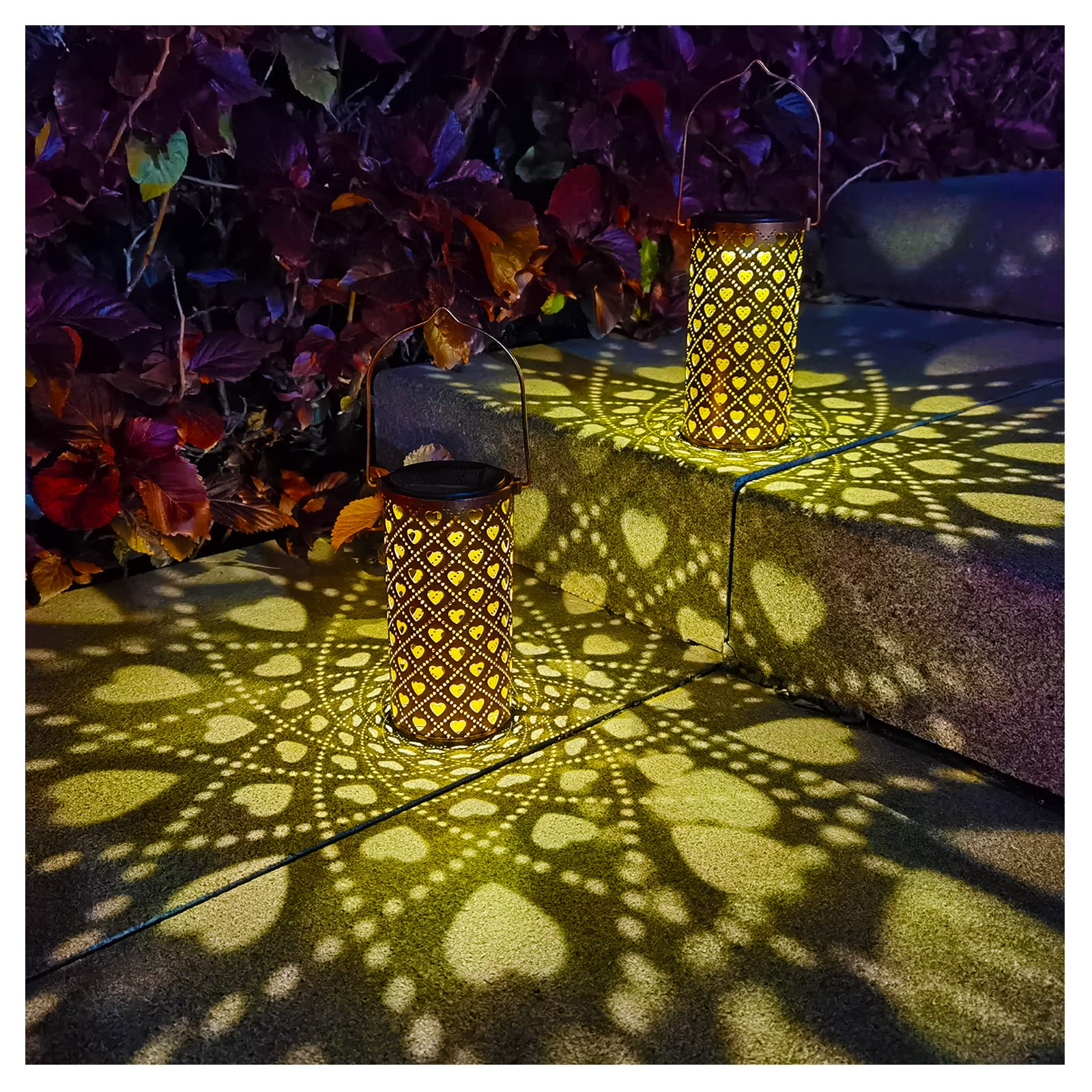 2 Pack Solar Lanterns Outdoor Hanging Heart Pattern Decor Lantern,Waterproof Hollow Out Metal Decorative Garden Light,Graceful D