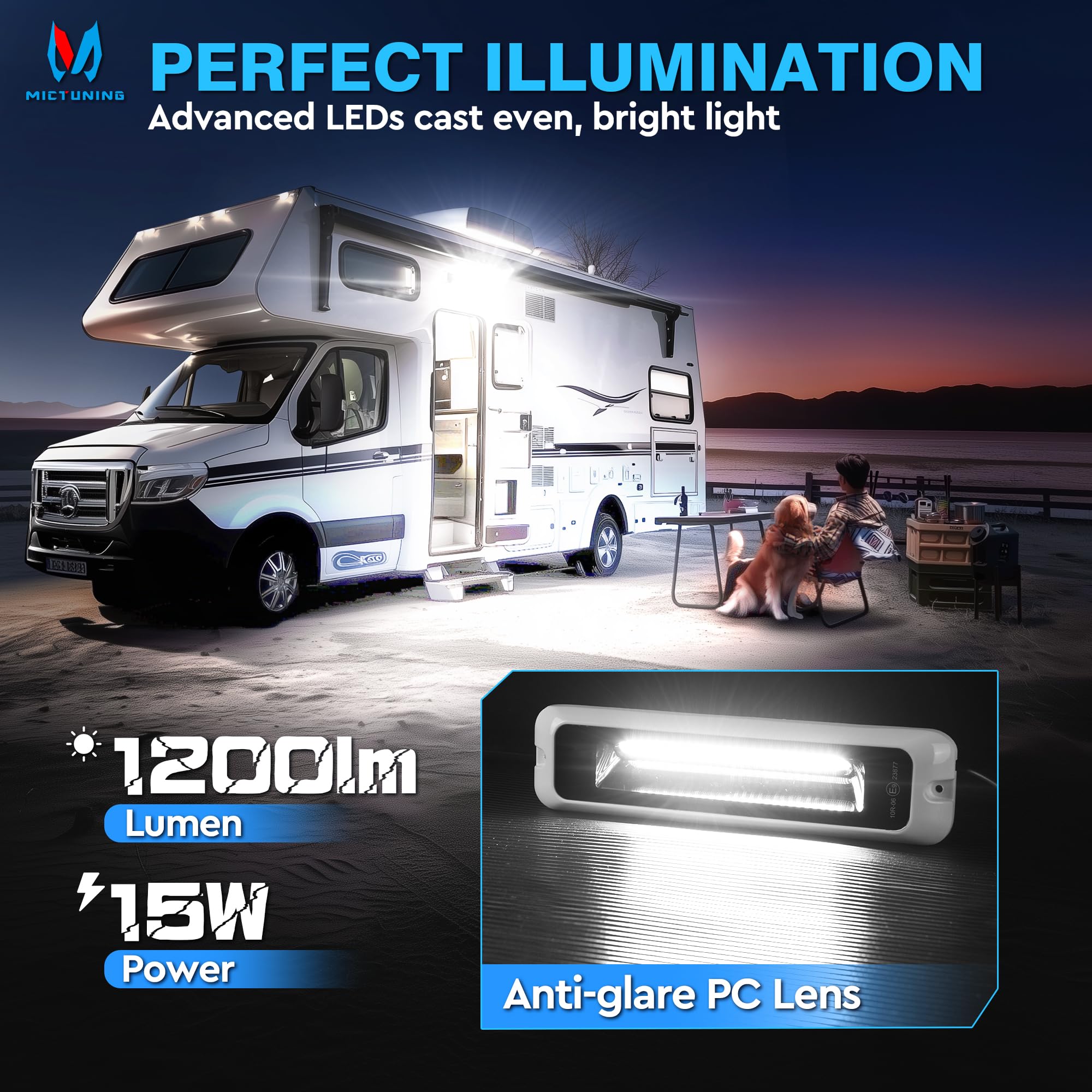 MICTUNING 8 Inch RV Exterior Porch Light, LED 6000K, Waterproof Aluminum, Black, 1 Pack