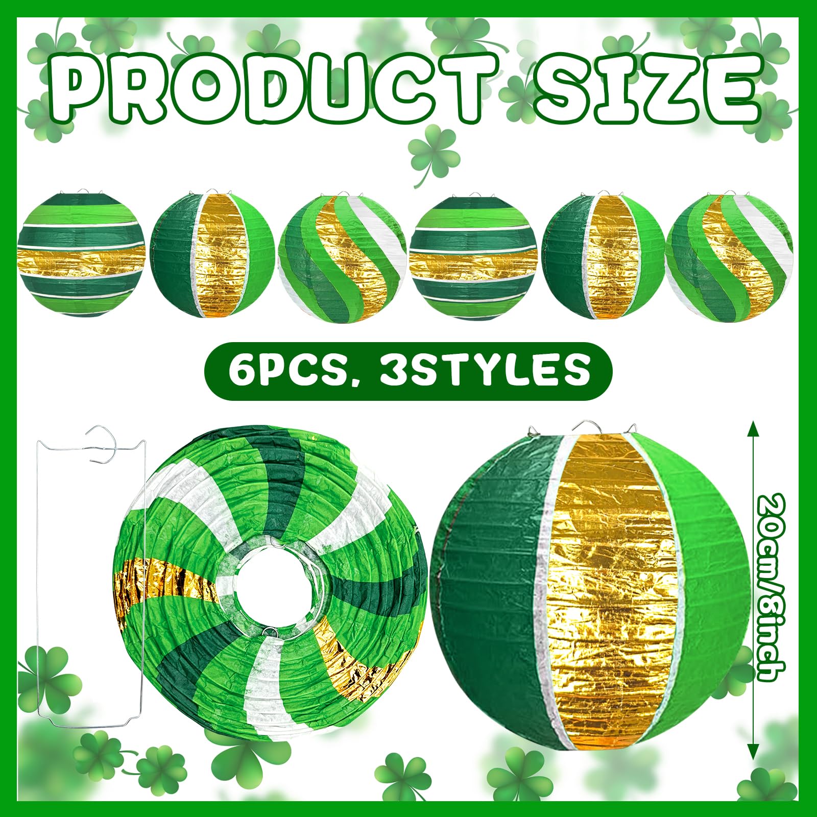 KAXIXI Green Gold Paper Lanterns - 6pcs Hanging Decorations for St. Patrick's Day, Engagement, Birthday, Indoor/Outdoor Party Supplies