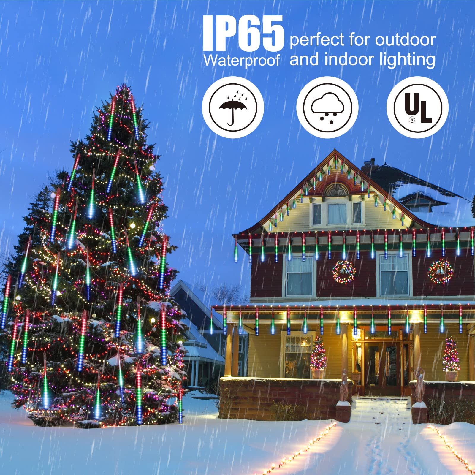 Minetom Meteor Shower Icicle Christmas Lights Outdoor, 16 Inches 16 Tubes 576 Led Dropping Lights Connectable, Hanging Falling R